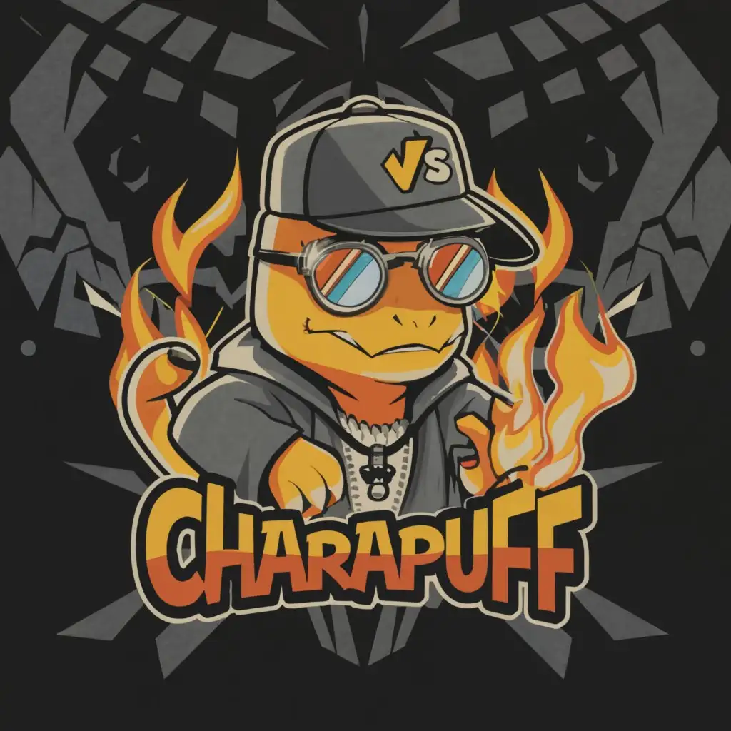 a logo design,with the text 'CharaPuf', main symbol: Create a logo showing Charmander dressed as a rapper. The character is full of jewelry and looks very shady and criminal. He's wearing a black hoodie and a VVS diamond necklace, surrounded by gray buildings and police cars. The logo is circular and for Telegram, so make everything very stoned.,complex,be used in Internet industry,clear background