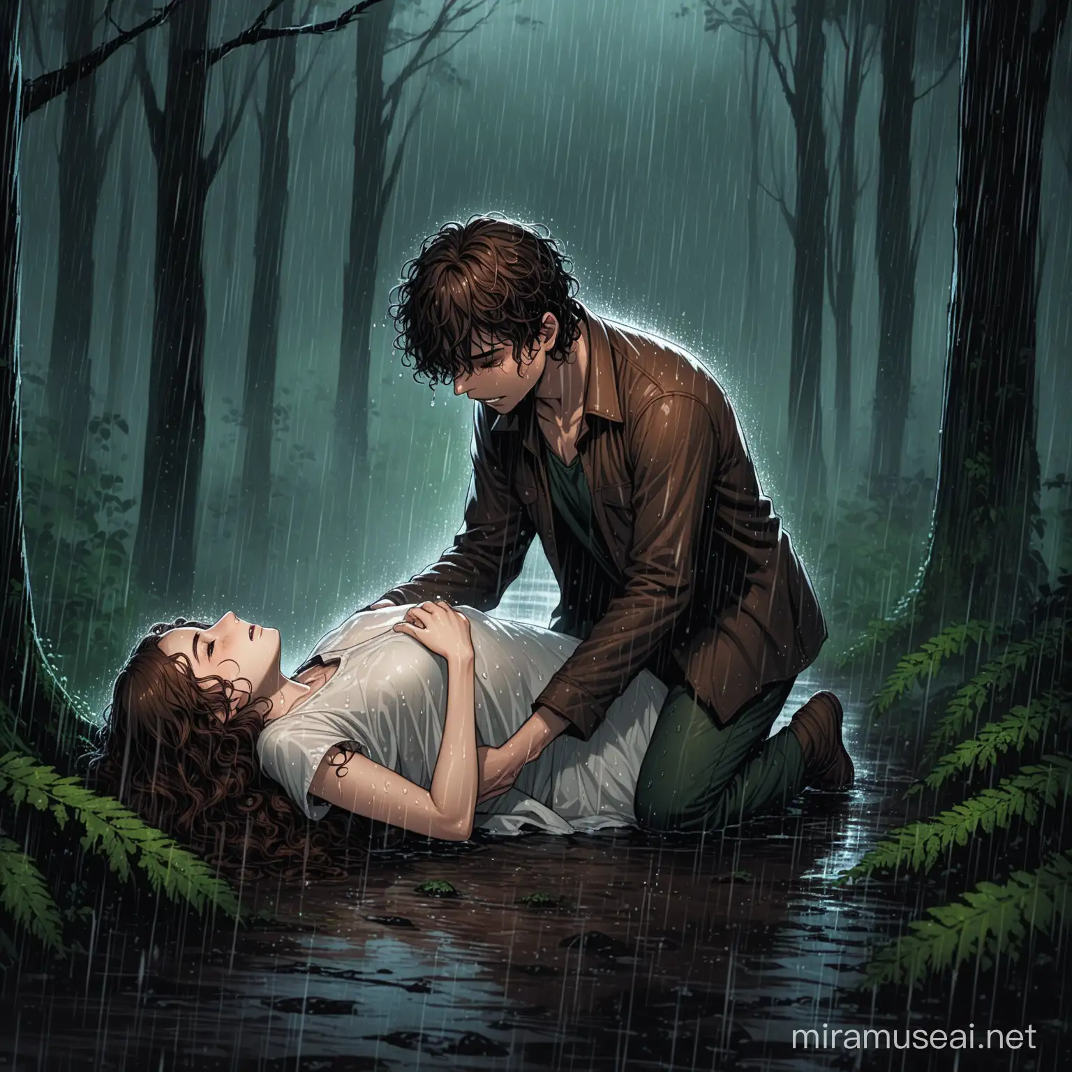 An emotional picture of heavy rain falling in the dark forest, a short brown-haired crying boy holding the corpse of his beautiful long brown curly haired girlfriend on the dark wet forest floor.