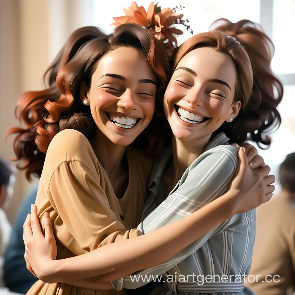 две женщины улыбаются и обнимаются 