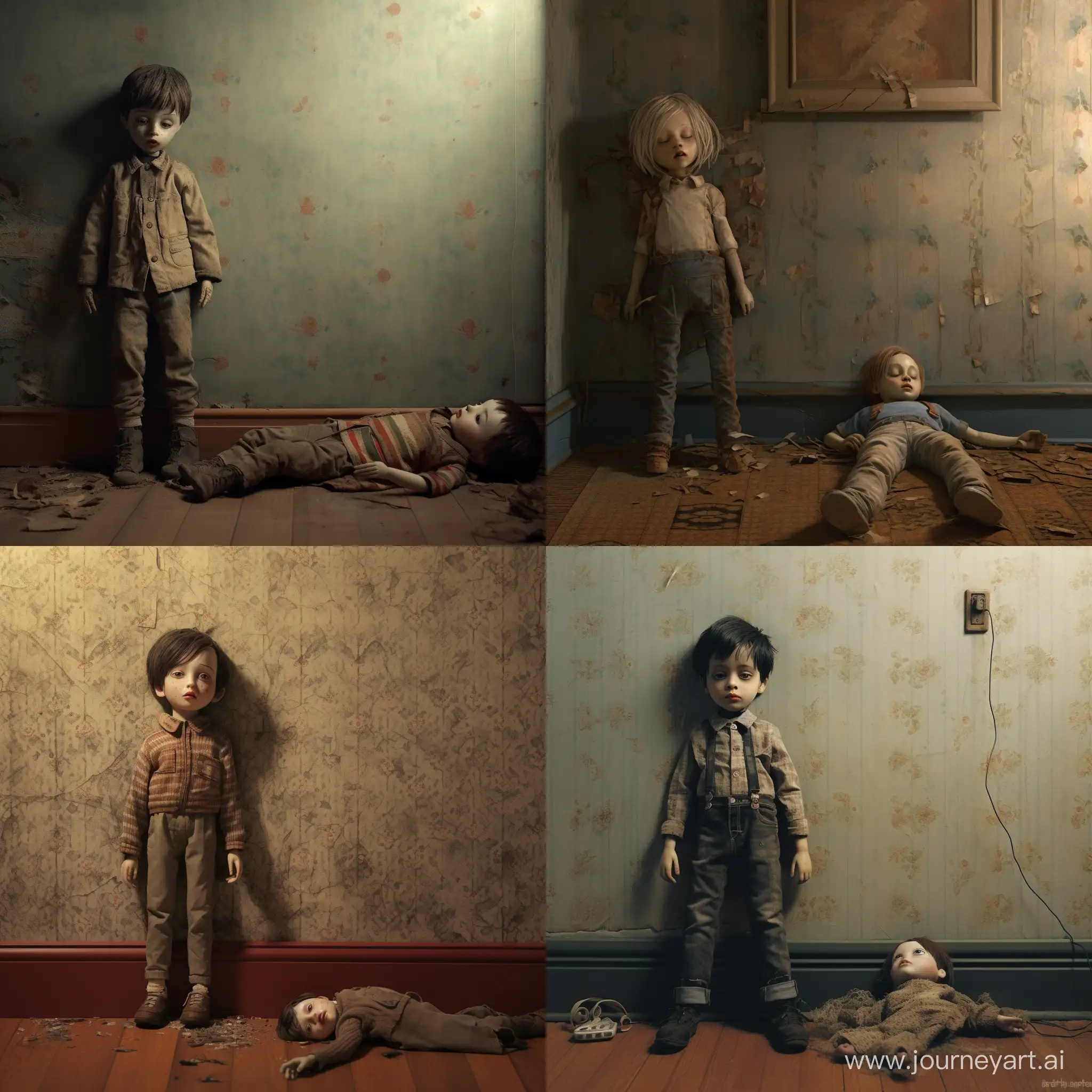پسر بچه_دراز کشیده روی فرش_تمام قد_تنها_ناراحت_عروسک در دو طرف پسر_رو به سمت دیوار