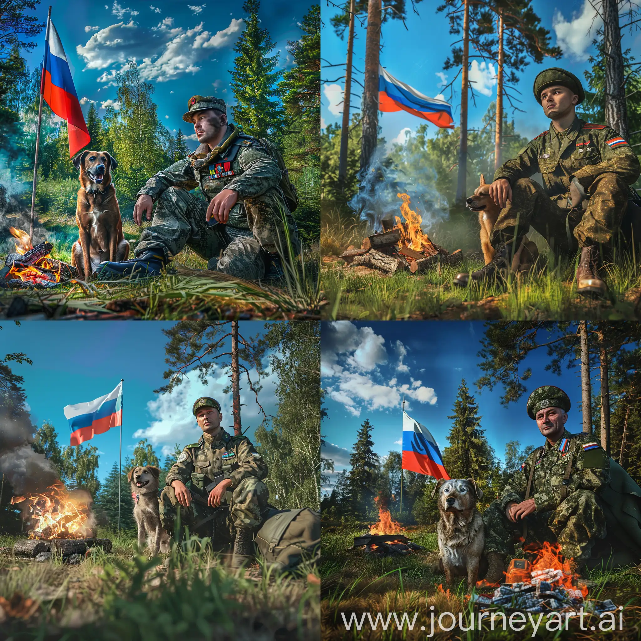 Russian-Military-Officer-Relaxing-with-Companion-Dog-in-Serene-Forest-Setting