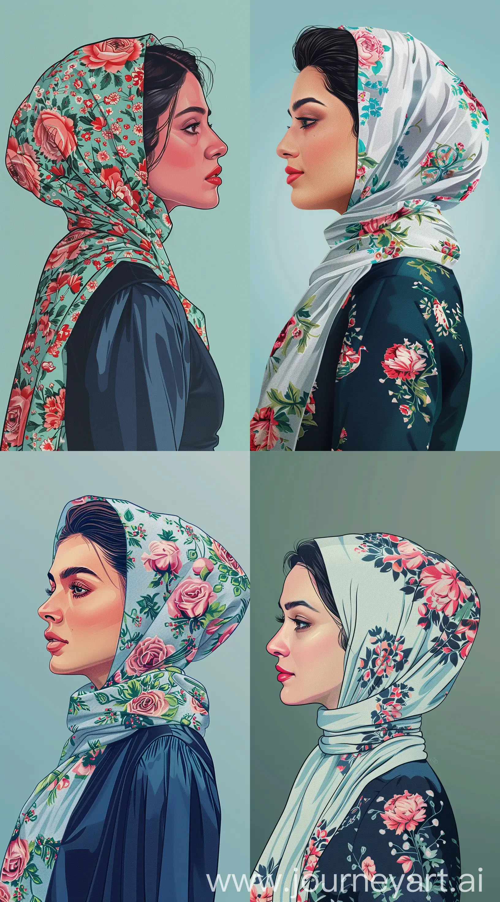 front facing headshot profile portrait of a persian woman wearing a floral patterned scarf, pop art style, vector illustration style, in the style of detailed comic book art, light cyan and navy dress, realistic hyper-detail, flickr, detailed character illustrations, --ar 71:128 --v 6