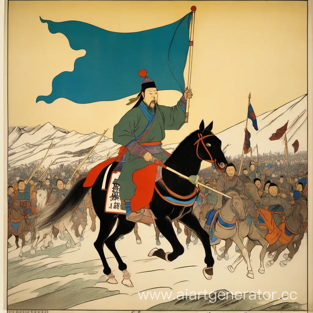 Татаро монгол на коне с флагом в руке с надписью запад празднует победу
