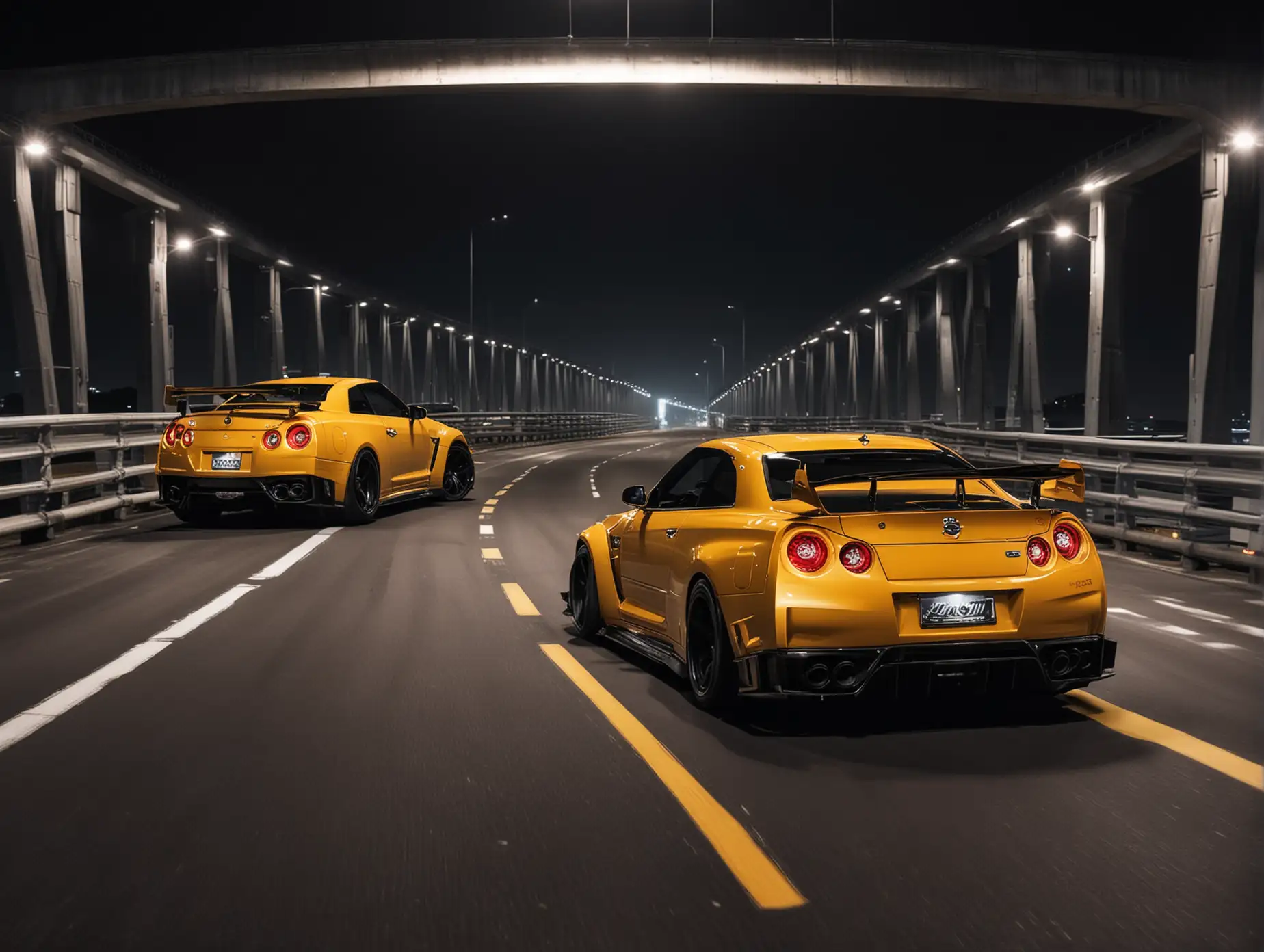 Nissan-GTR-R34-and-Mustard-GT-Driving-on-Elevated-Bridge-at-Night