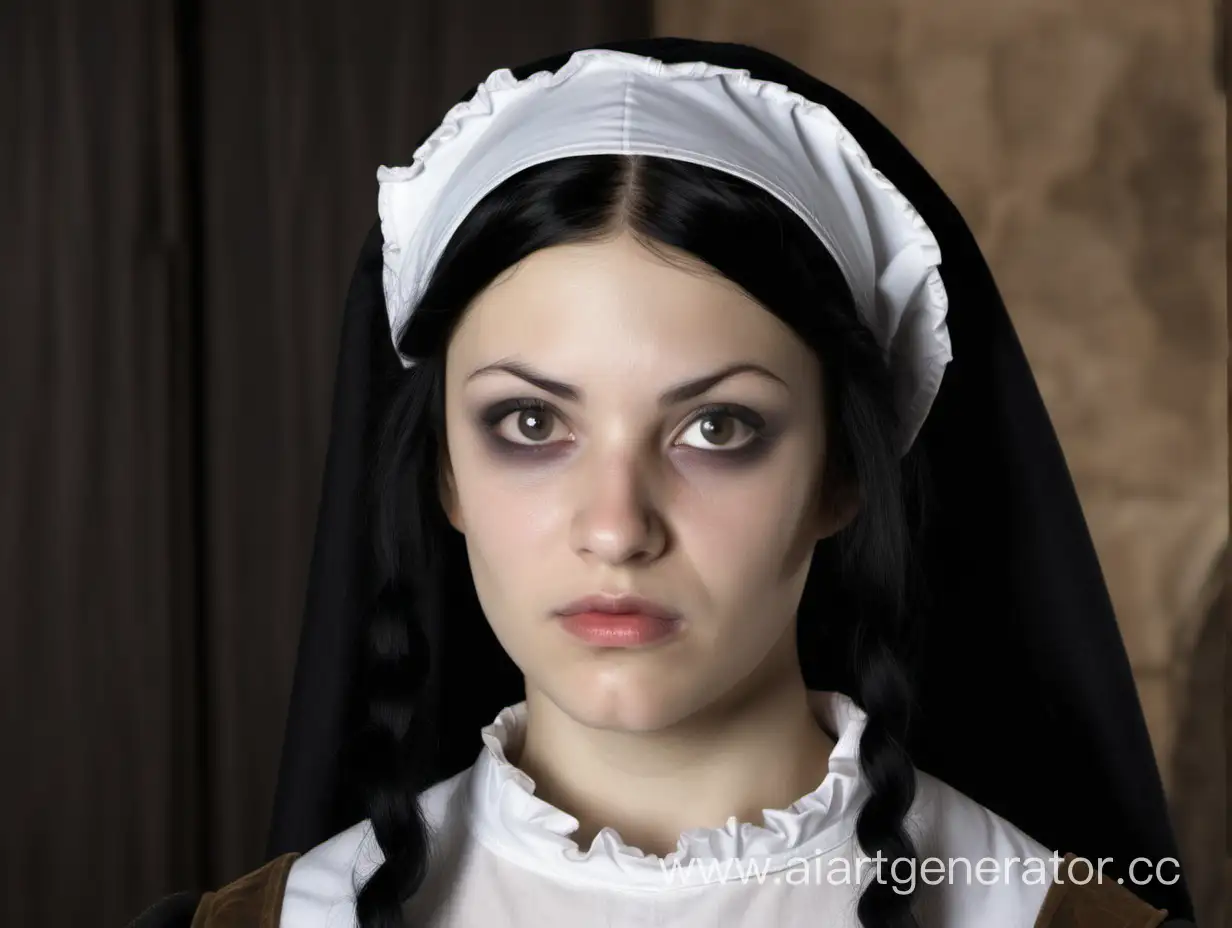 Medieval maid with black hair with missing upper lip