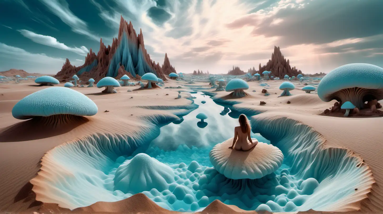 Psychedelic landscape, crystalline bluish mineral clouds, with nude woman center, large wavy desert dunes, massive crystalline mushrooms, and water on the ground