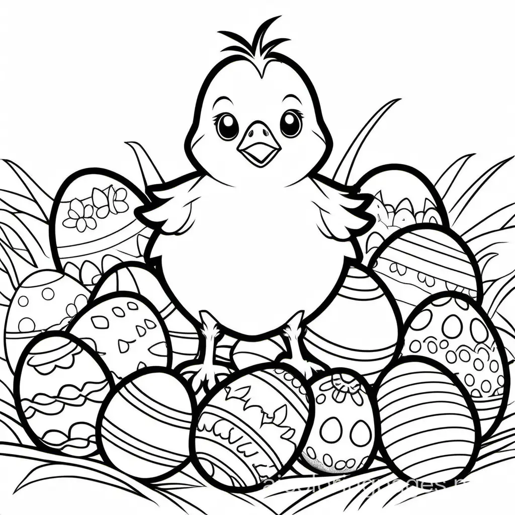 baby chick and easter eggs

, Coloring Page, black and white, line art, white background, Simplicity, Ample White Space. The background of the coloring page is plain white to make it easy for young children to color within the lines. The outlines of all the subjects are easy to distinguish, making it simple for kids to color without too much difficulty