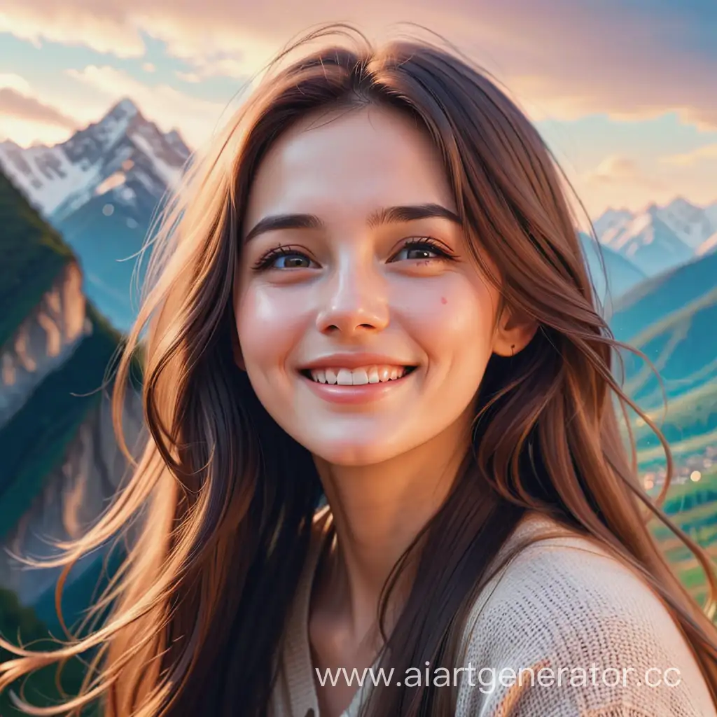 Красивая женщина с длинными волосами смотрит в небо на фоне гор по её щеке бежит слеза и она улыбается