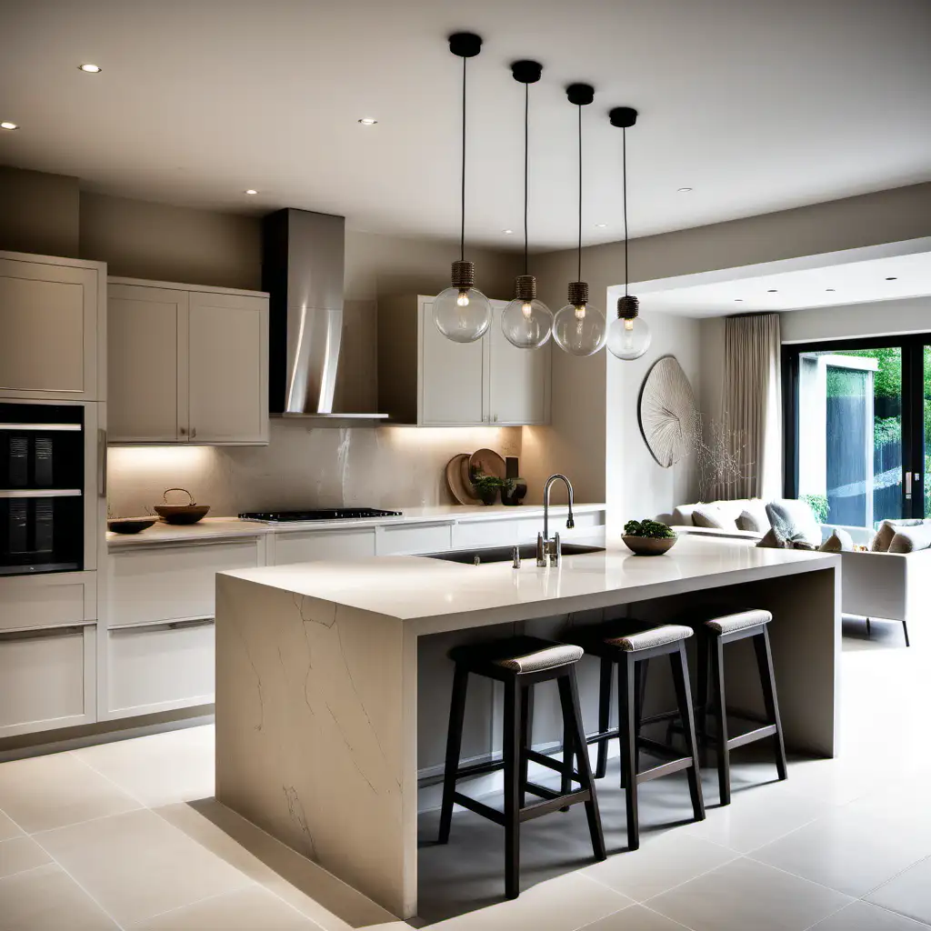 Interior design of open plan kitchen neutral tones with 3 pendants above waterfall island 