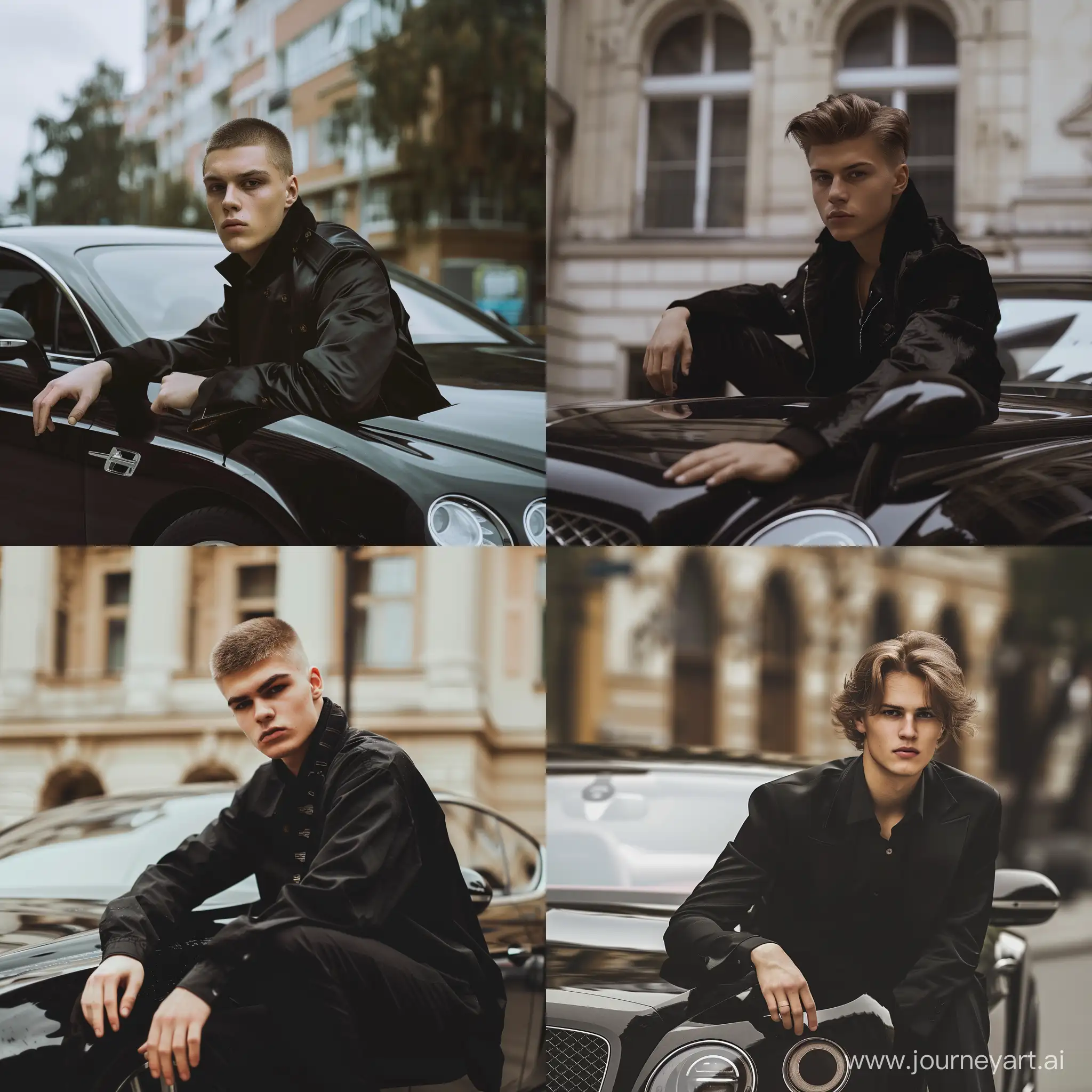 A sophisticated, realistic 4k cinematic photo,young adult, Not a mature 17 years old. European appearance with classical medium length haircut. He's wearing black brand-new clothes. He is sitting on top of black bentley. official music video. In the style of 35mm film