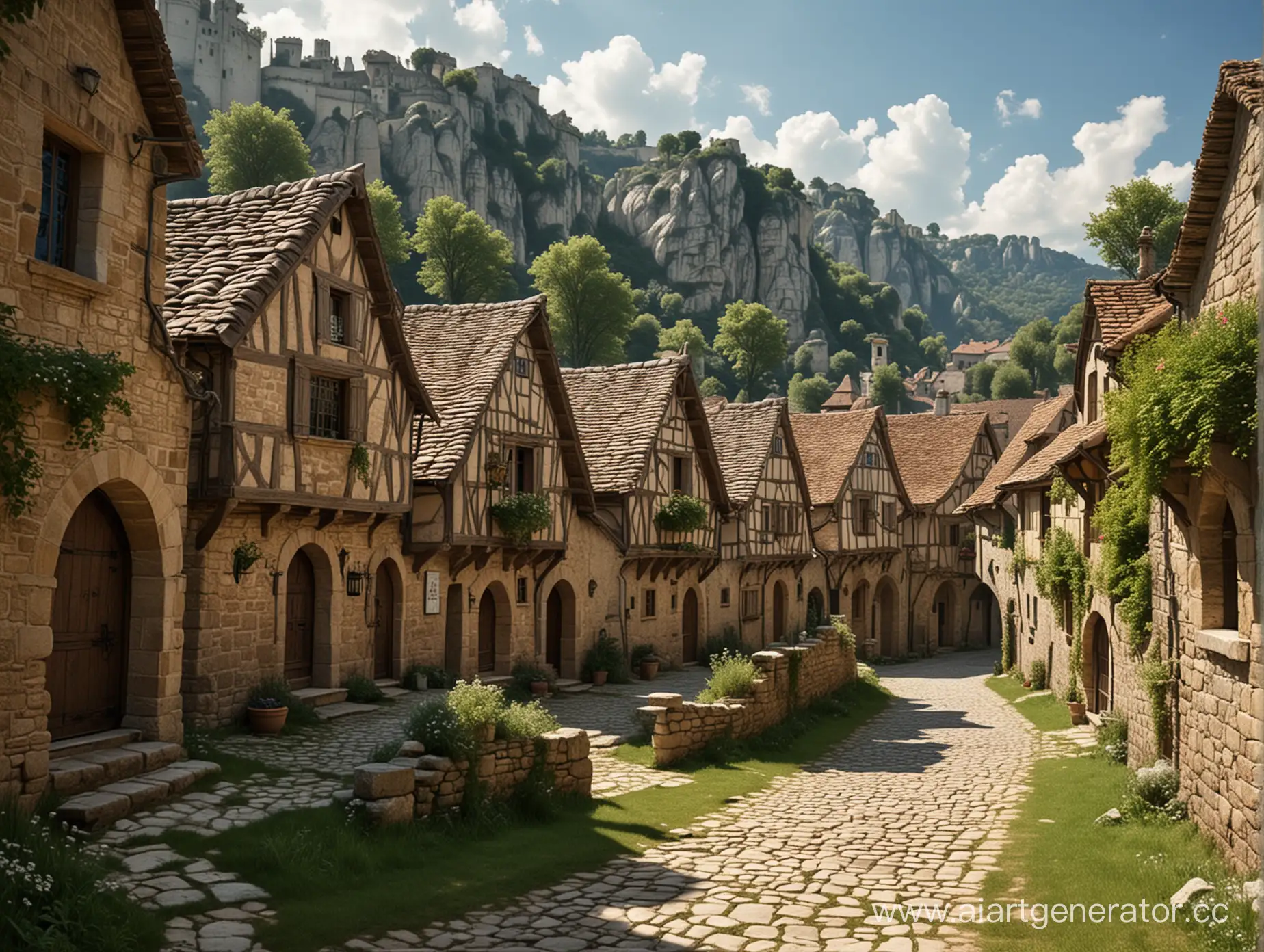 Нарисуй мне деревню среднего размера  в средневековом стиле вокруг которого возведены каменные магические стены  полностью