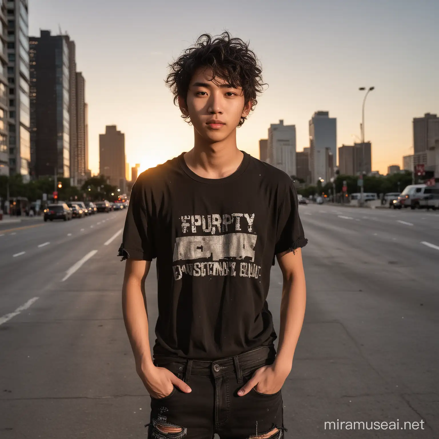 un ado mâle de 18 ans de type asiatique grunge, cheveux fins bouclés , les bras écartés, en  jeans noirs déchirés, tee-shirt noir avec manches courtes, debout dans une ville, au coucher du soleil