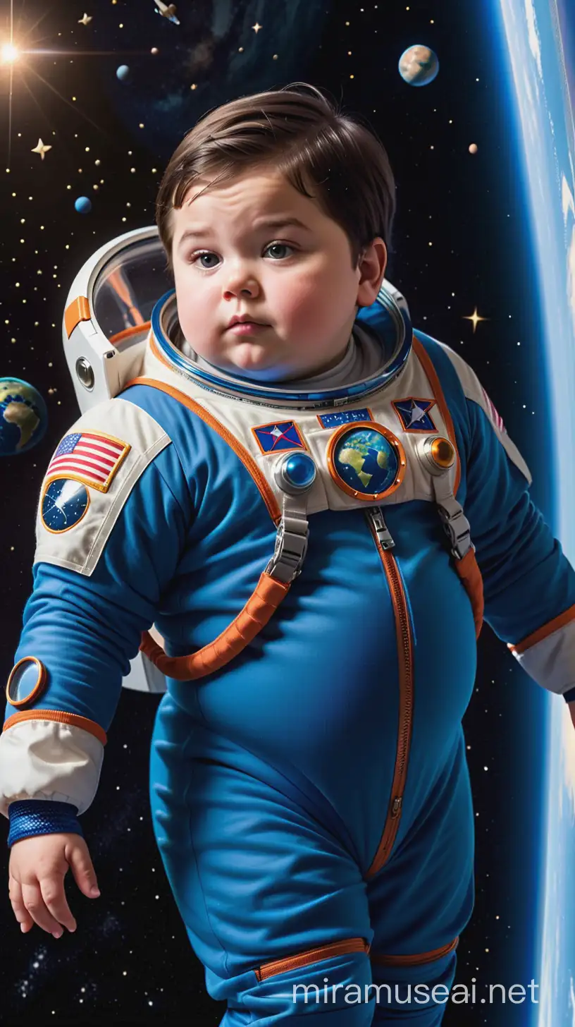 Очень толстый мальчик ребенок 10 лет с зачесаными на бок темными волосами средней длины в дорогом синем костюме и в прозрачном скафандре летает в космосе, вокруг него много звезд а на заднем плане планета Земля