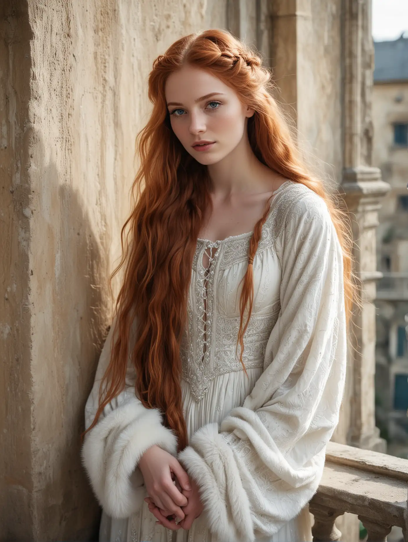 teenage girl, long red hair loose and braided, high cheekbones, deep set bright blue eyes, pale white skin, plump lips, hollow cheeks, thick eyelashes, slender and skinny, intricate fur trimmed medieval gown, fur cloak, on a stone balcony 