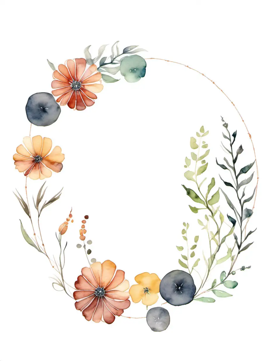 A string of circular flowers, boho style, watercolour, minimal, white background