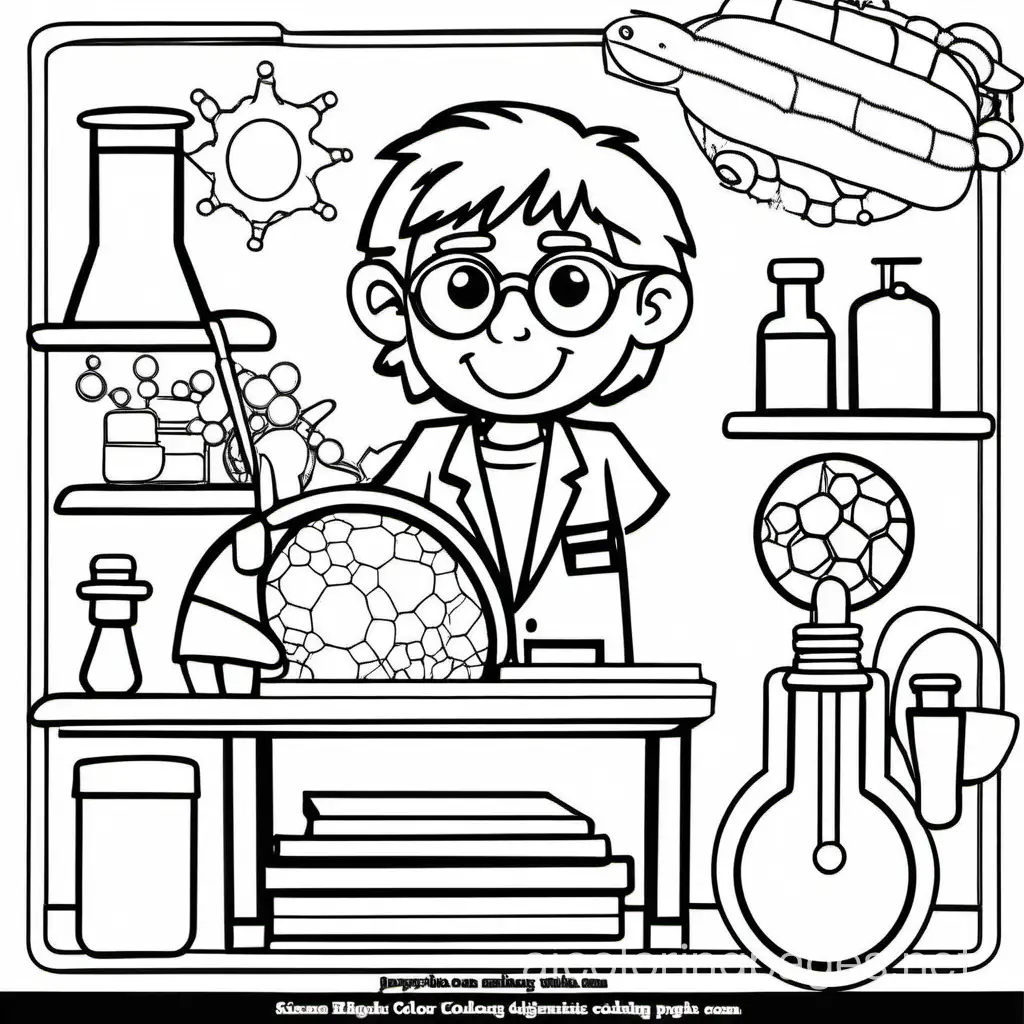 science coloring page for age 6 to 9, Coloring Page, black and white, line art, white background, Simplicity, Ample White Space. The background of the coloring page is plain white to make it easy for young children to color within the lines. The outlines of all the subjects are easy to distinguish, making it simple for kids to color without too much difficulty