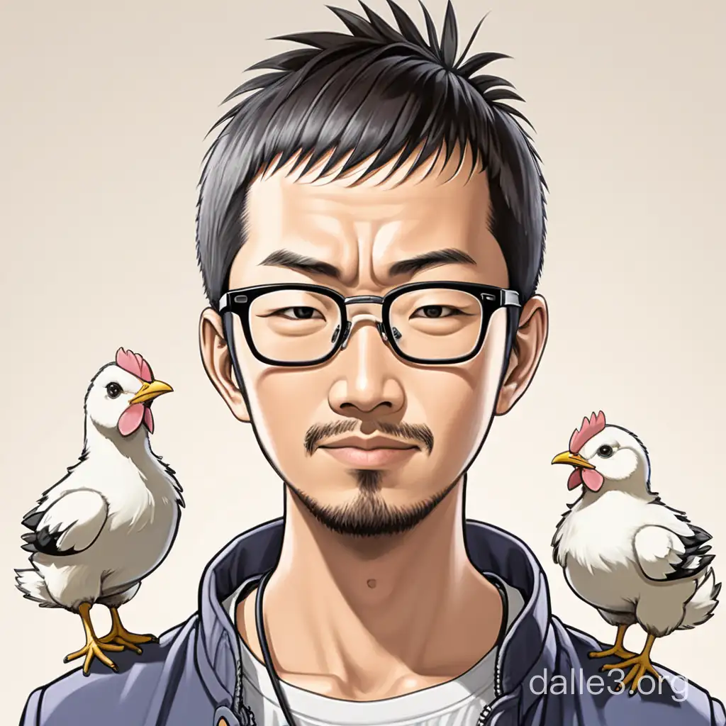 A 35-year-old Japanese man with very short hair, glasses, and a chin beard of about 1 centimeter. There is no mustache. A chick is on top of his head.