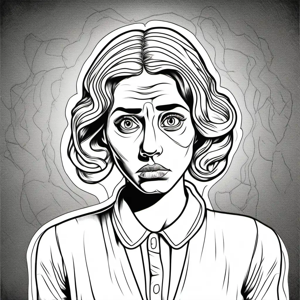 black and white drawing of woman with worried  face dressed in white for coloring 
