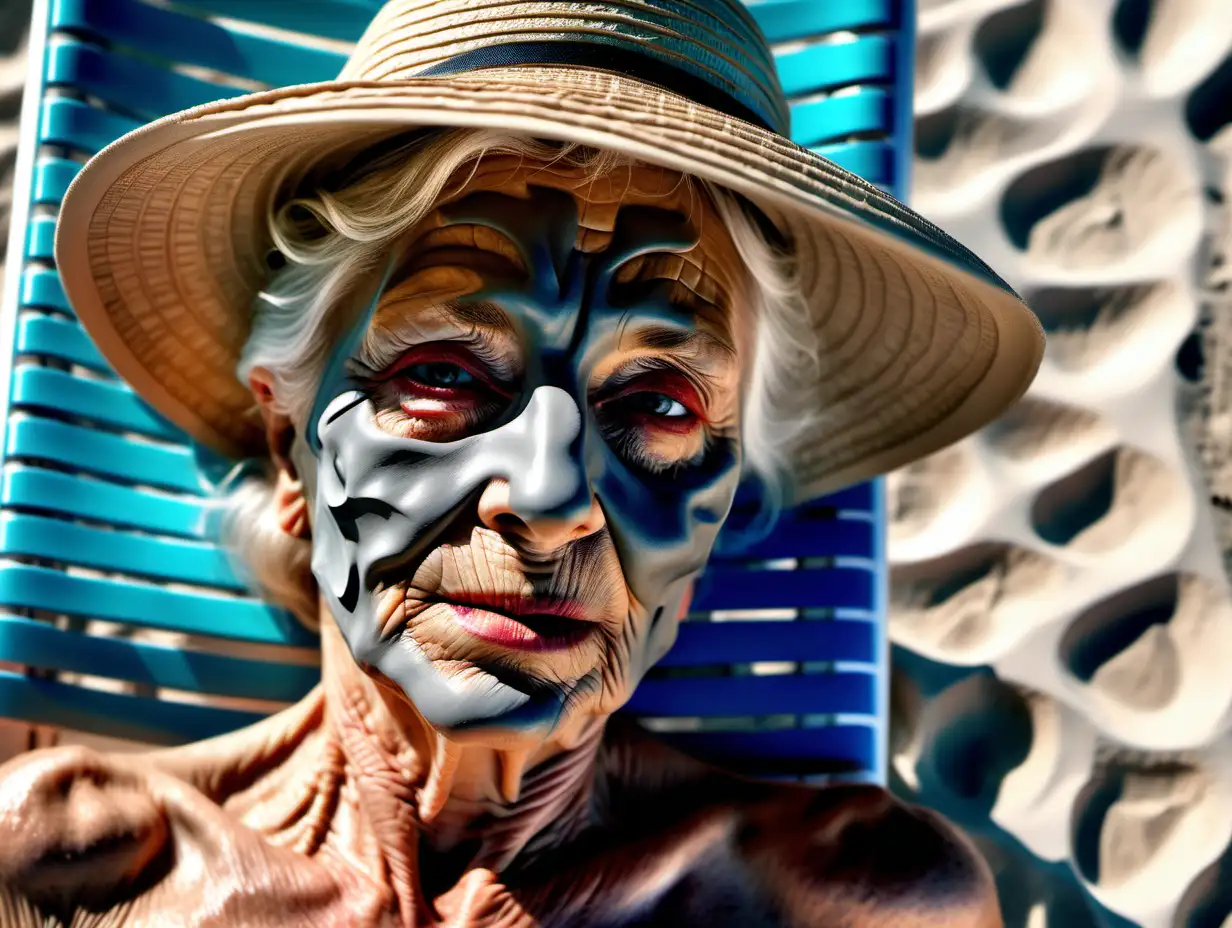 Futuristic Sunbathing Realistic 4K Portrait of an Elderly Woman with Clay Mask on Empty Beach