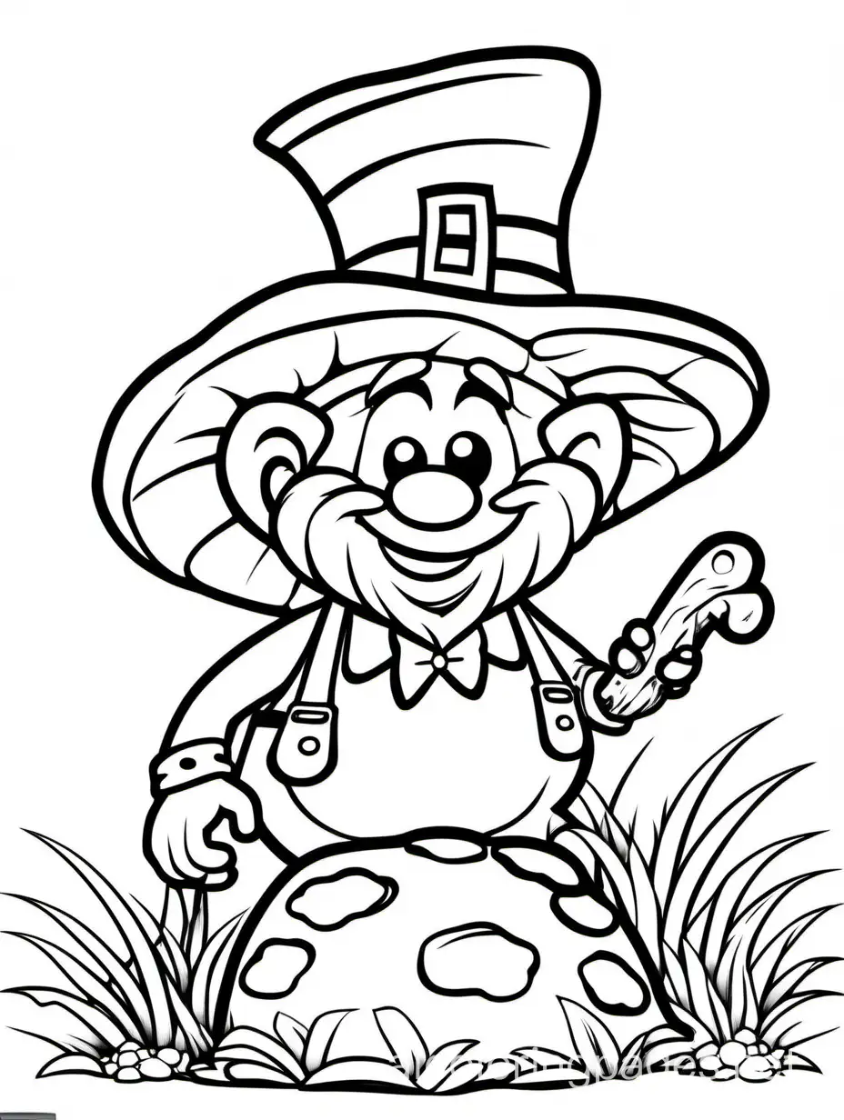 Leprechaun sitting on a mushroom for St. Patrick's Day for kids, Coloring Page, black and white, line art, white background, Simplicity, Ample White Space. The background of the coloring page is plain white to make it easy for young children to color within the lines. The outlines of all the subjects are easy to distinguish, making it simple for kids to color without too much difficulty
