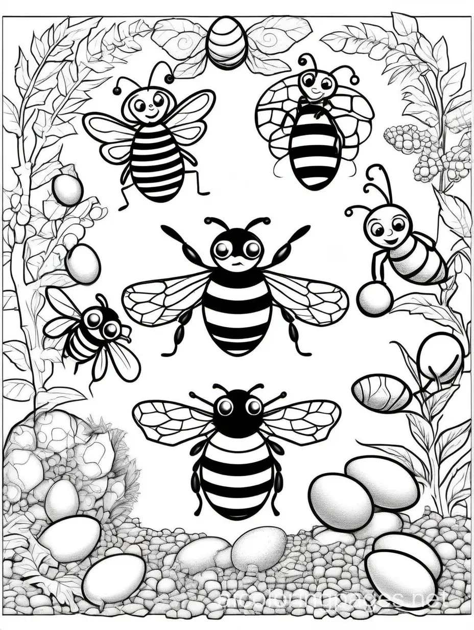 Bee Life Cycle A sequence of illustrations depicting the stages of a bee's life cycle (egg, larva, pupa, adult)., Coloring Page, black and white, line art, white background, Simplicity, Ample White Space. The background of the coloring page is plain white to make it easy for young children to color within the lines. The outlines of all the subjects are easy to distinguish, making it simple for kids to color without too much difficulty