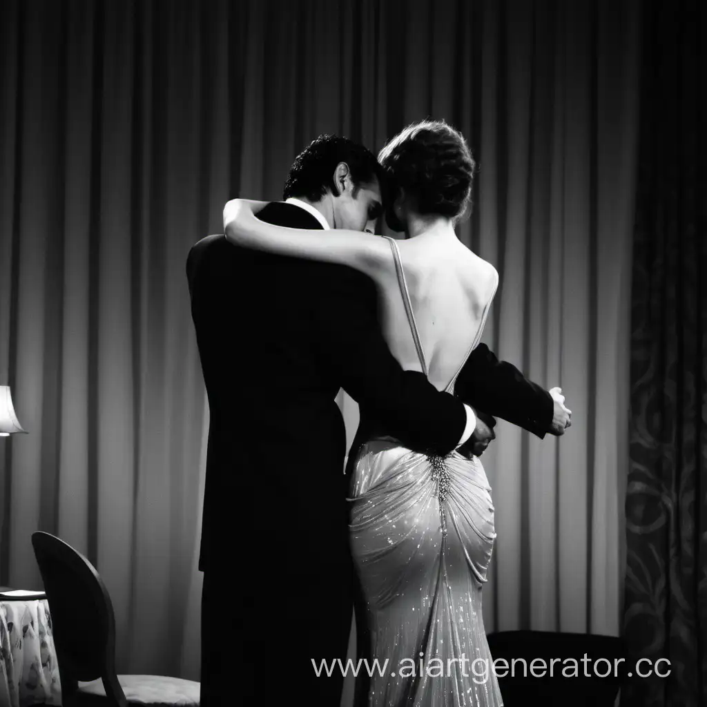 мужчина стоит спиной, обнимает женщину в вечернем платье
