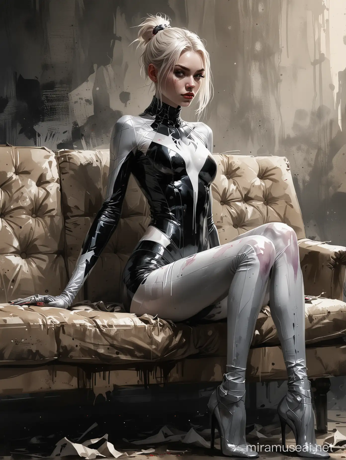 Alex Maleev illustration depicting Hunter Schafer wearing Spider-Gwen catsuit sitting on a rotting couch seductive pose, chiaroscuro, dramatic lighting, messy watercolor, no distortion, gray palette, insanely high detail, very high quality, seen from below, low angle view, forced perspective
