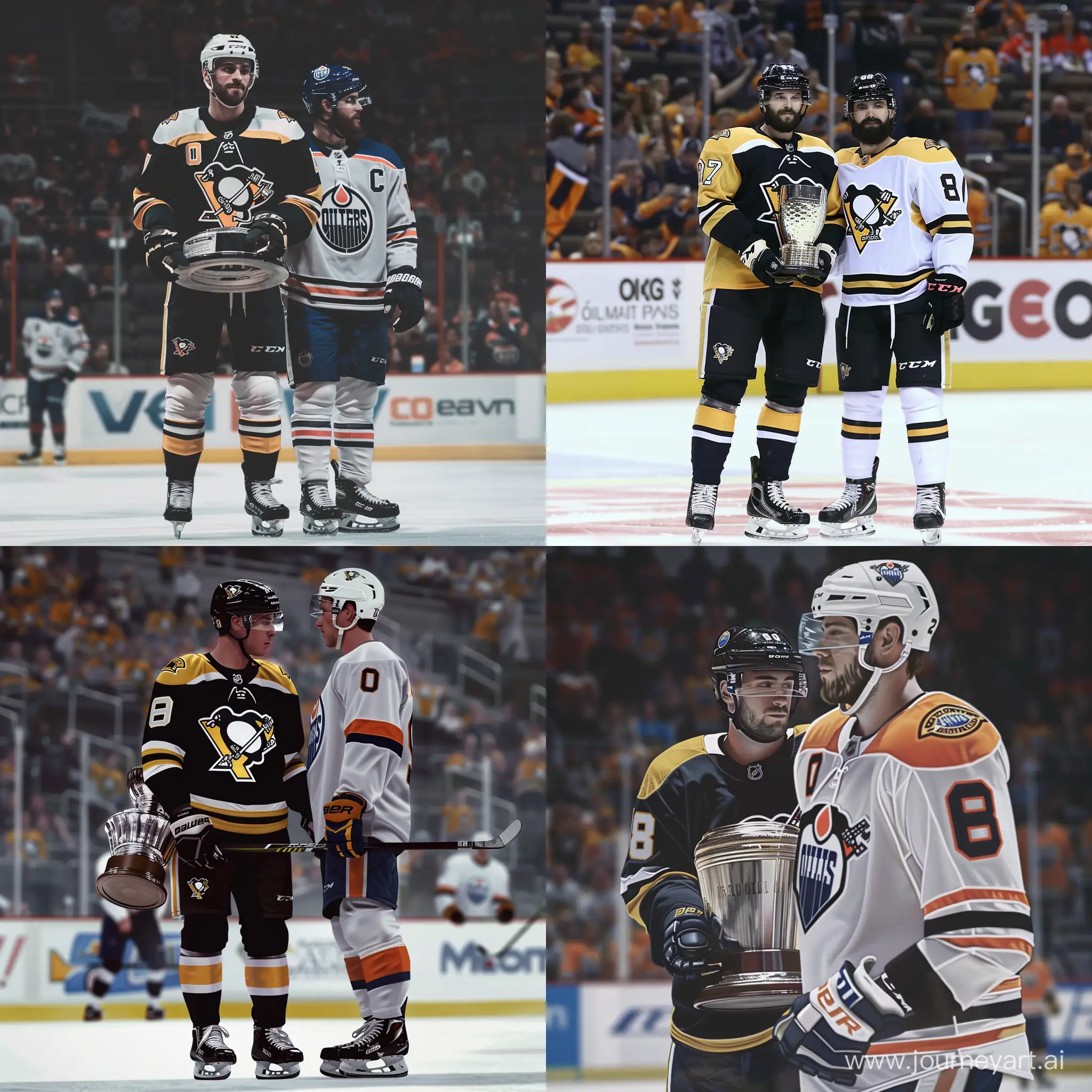 Justin Schultz in Pittsburgh Penguins jersey in 2015-16 NHL season. Standing with Stanley Cup. Near is Patrick Maroon in Edmonton Oilers jersey