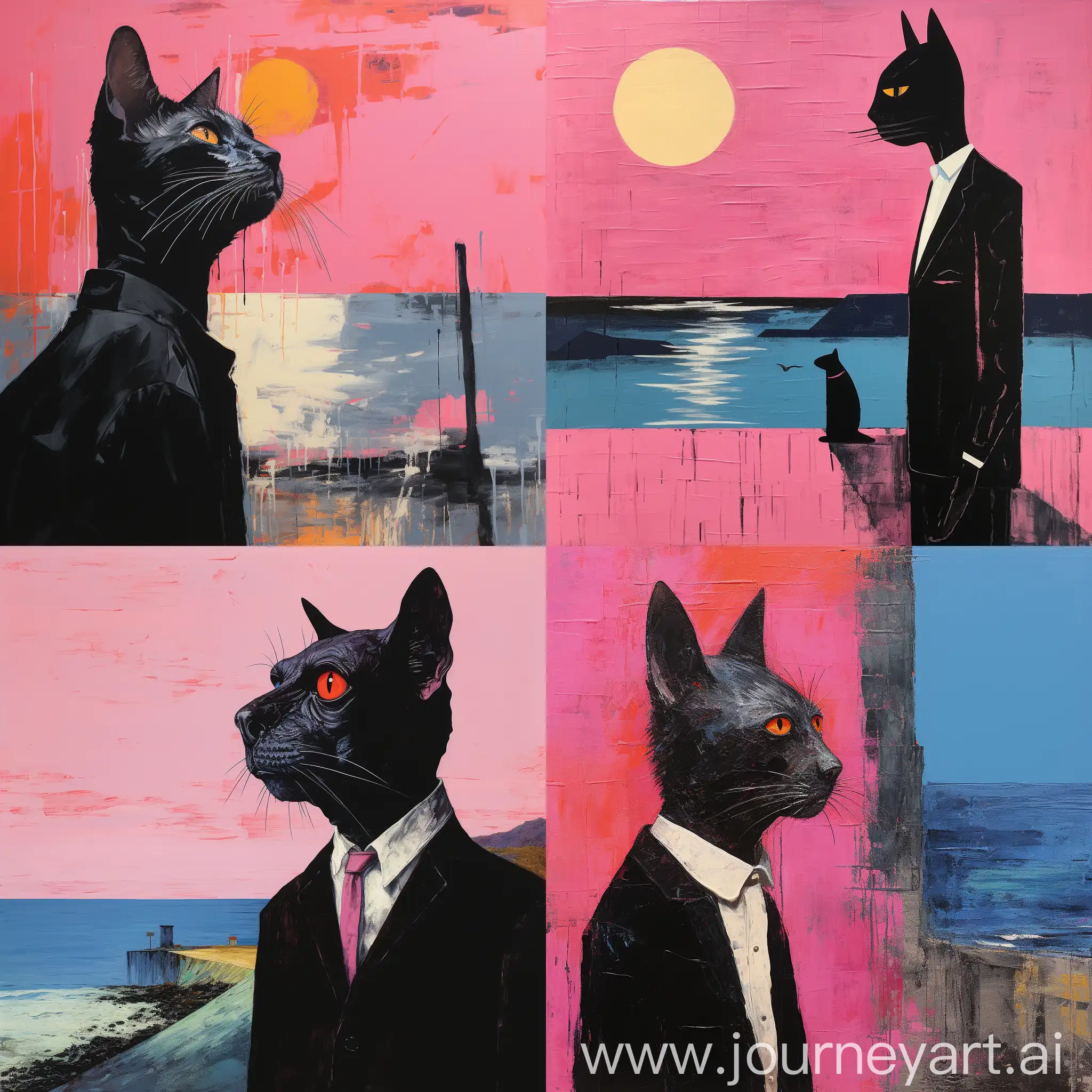 Fritz Scholder art style, serious black cat man with a facial scar, donning a pink suit, holding whimsical yet somber mood, British coast background, pastel hues profile picture, --v 5.2 --s 600 --c 10
