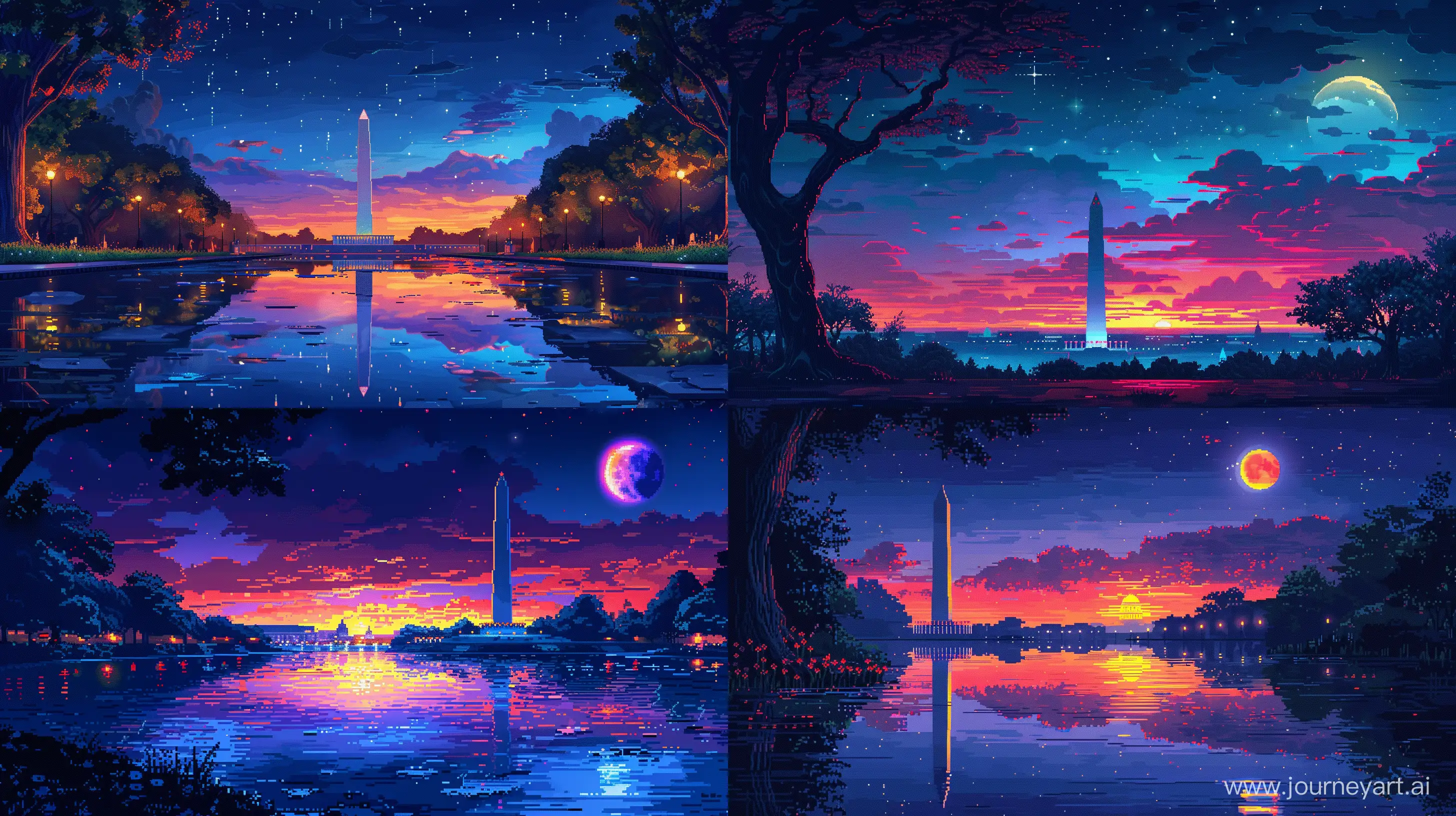 Washington City View Illustration in 8-bit Pixel Art Style, Night Time, Extremely Details --s 500 --ar 16:9