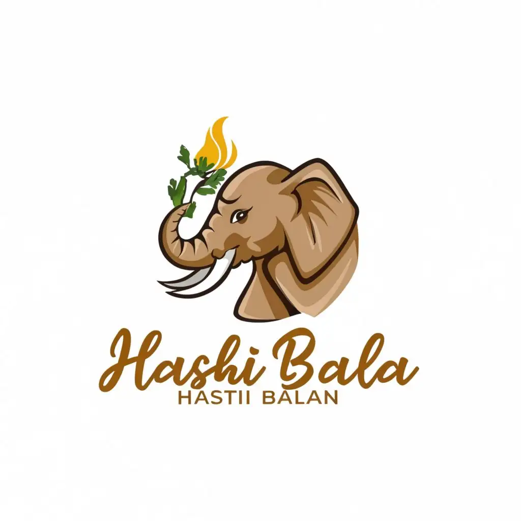 logo, Asiatic elephant holding a sprig of curry on raised trunk, with the text "HASTHI BALA", typography