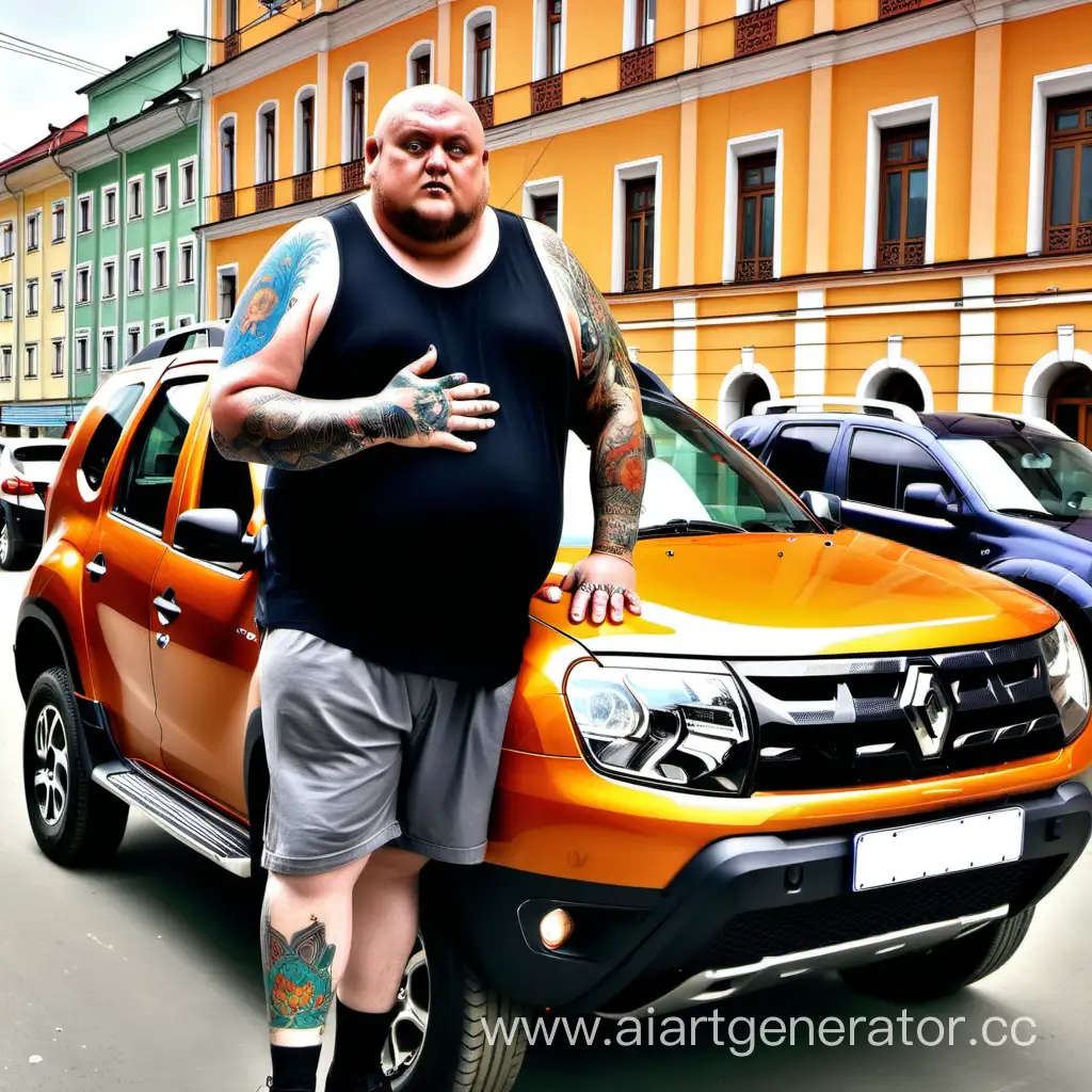 Толстый мужчина с татуировками стоит возле оранжевого Renault duster в России