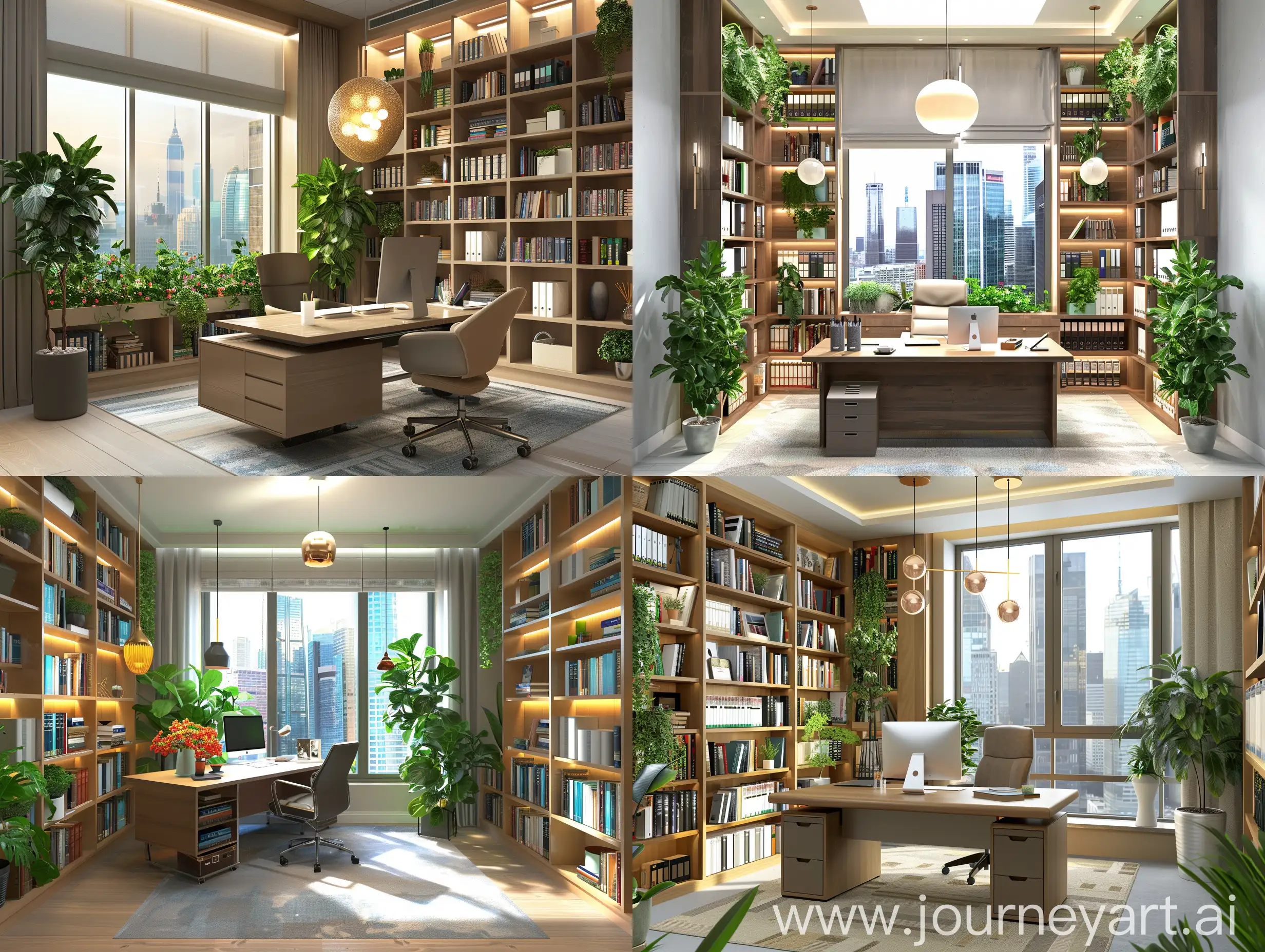 {"prompt":"A 3D model of an office room, showcasing a modern workspace. The office should include a desk with a computer, ergonomic chair, bookshelves filled with various books, a large window with a view of the city skyline, indoor plants, and modern lighting fixtures. The atmosphere should be professional yet inviting, with a color scheme that includes neutral tones and a touch of green from the plants. The layout should be spacious and well-organized, illustrating a productive and comfortable work environment.","size":"1024x1024"}