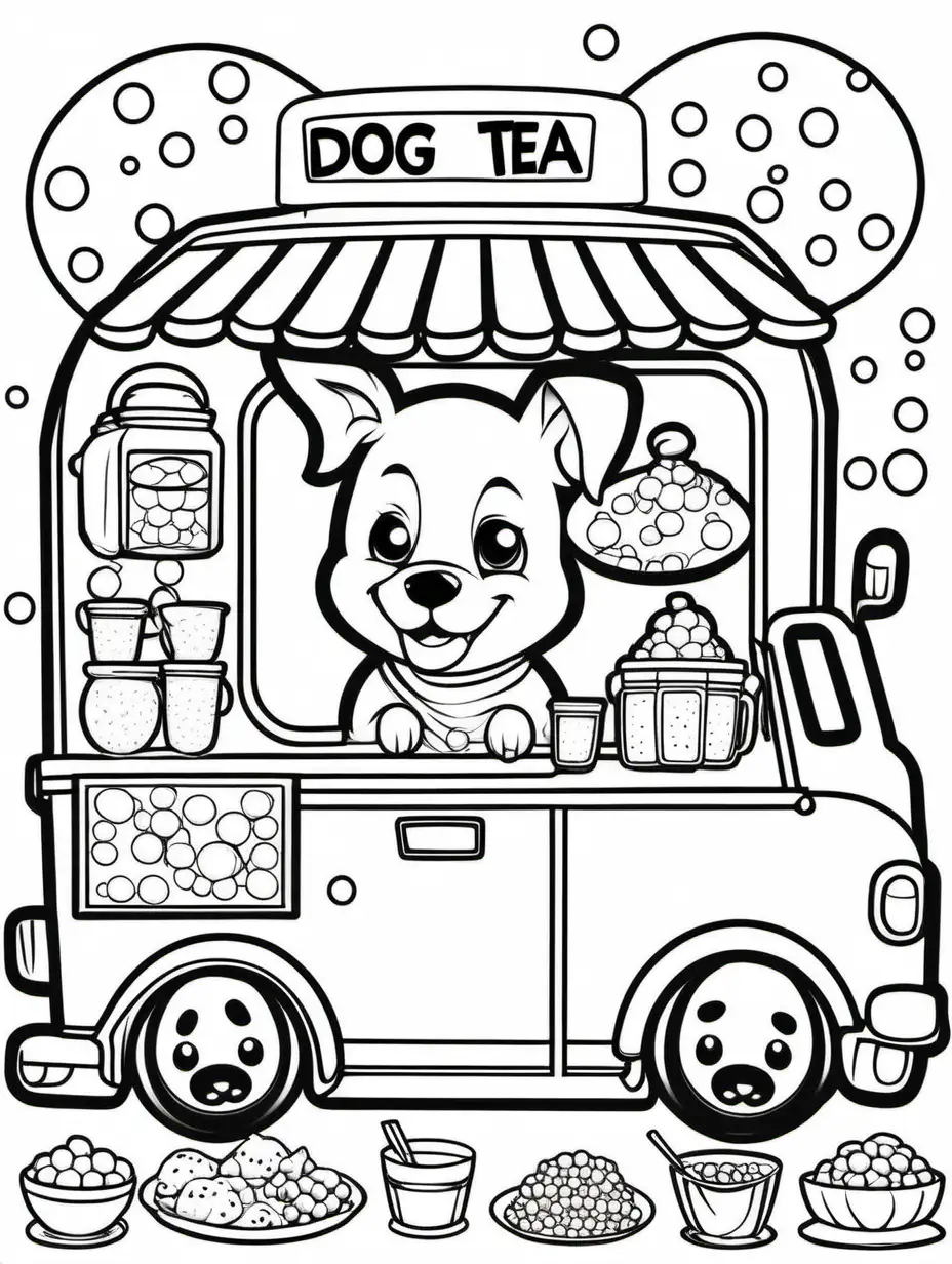 Create a coloring book page for children or adults. A simple dog bubble tea truck with dog chef that sells bubble tea. make sure the animal fits in the picture fully . make all images with more cartoon faces and smiling