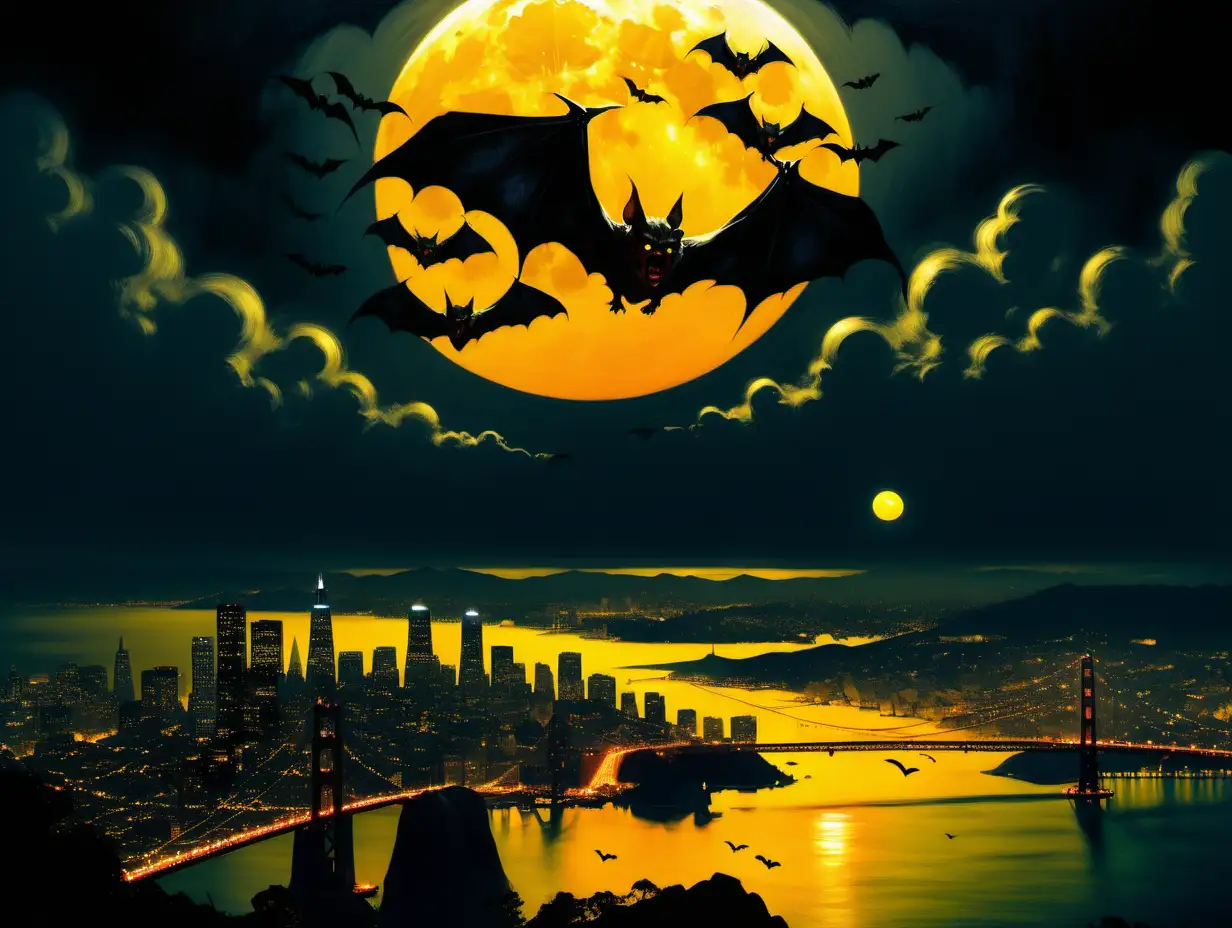 Nocturnal Vampire Bats Soar Over San Francisco Skyline Under a Majestic Yellow Moon Frank Frazetta Inspired Art