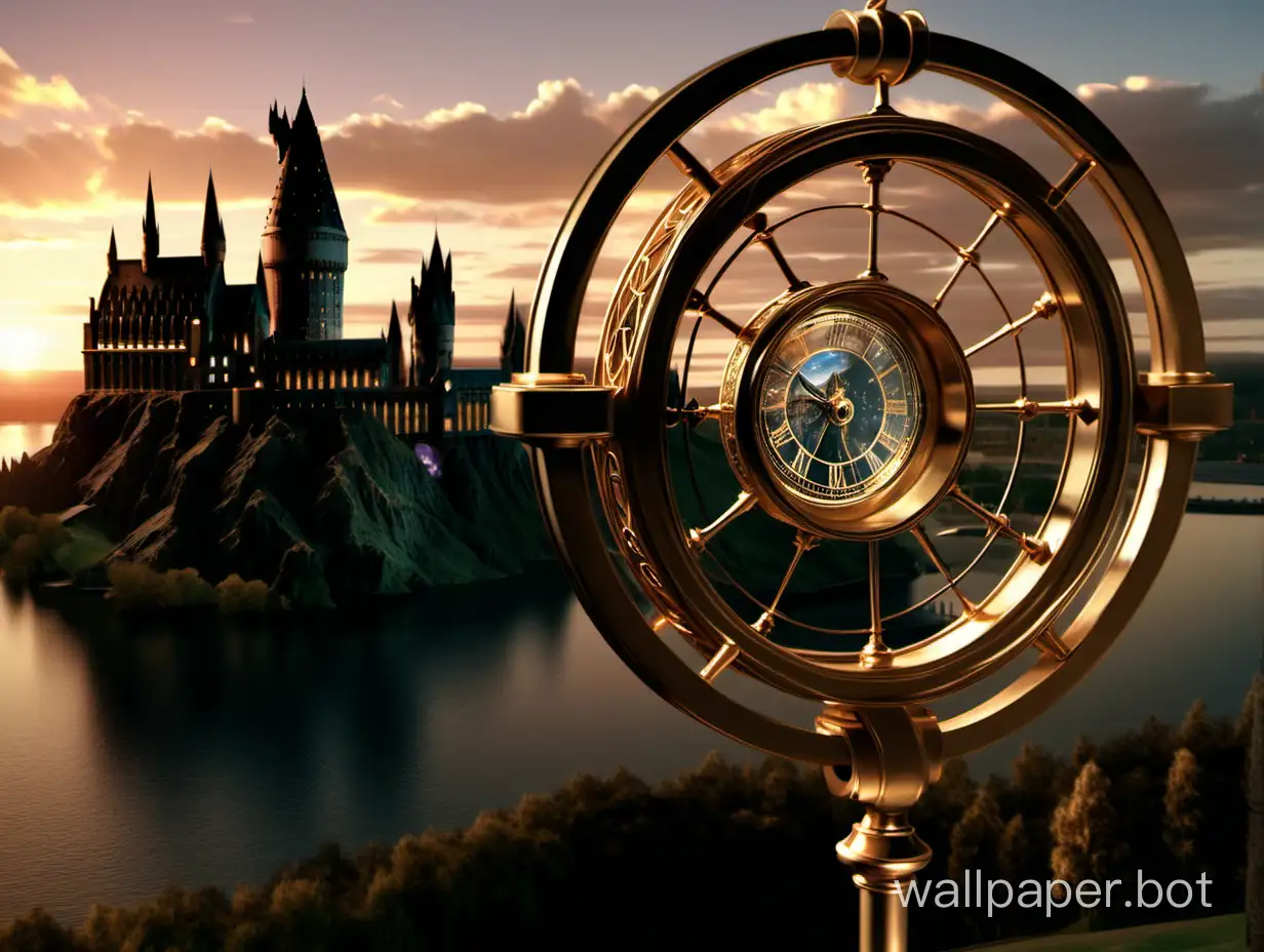 The Time-Turner is placed in the foreground, with the entire Hogwarts School visible in the distance over the lake at sunset.