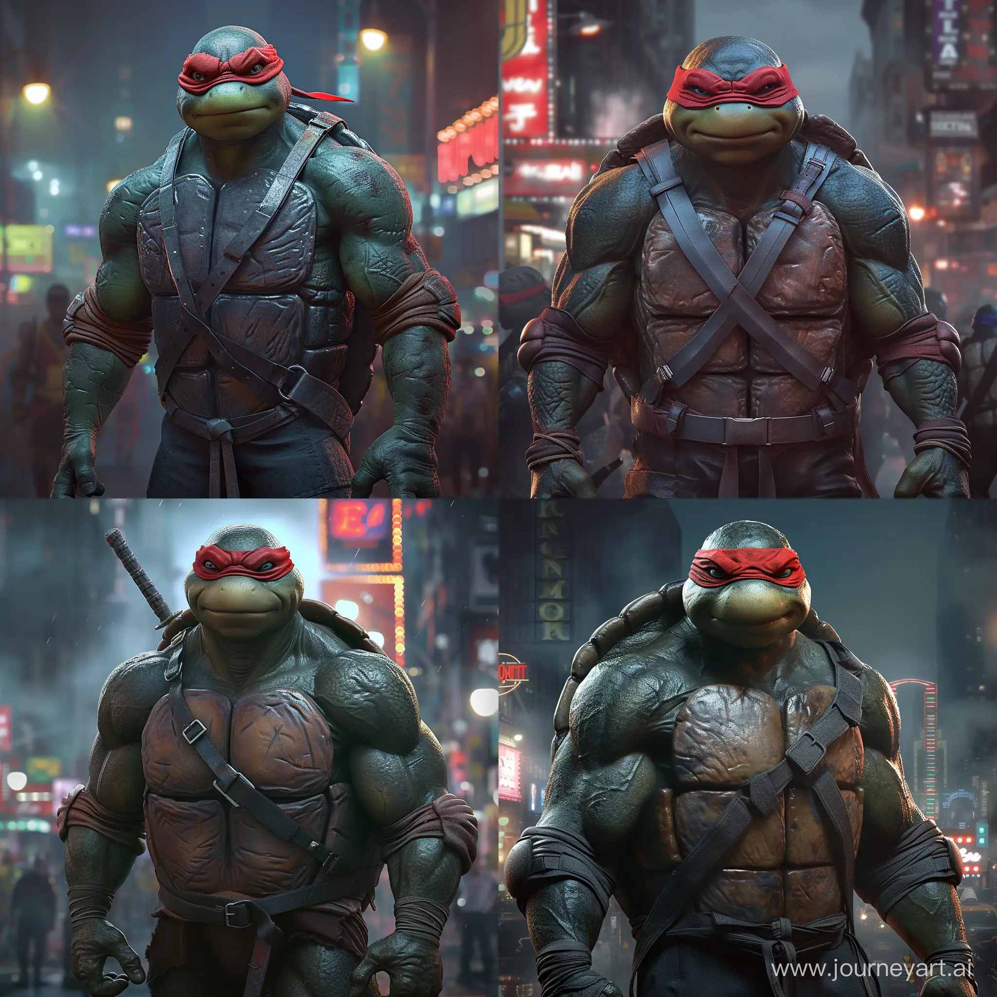 Raphael from the Teenage Mutant Ninja Turtles. This character is depicted as an anthropomorphic turtle standing with a confident posture. He is wearing a red bandana over his eyes, which is Raphael's signature color, and he has a serious, somewhat stern facial expression.

The turtle is showing muscular arms and is wearing a dark, textured suit of armor-like plating that covers his chest and shoulders, which is consistent with the modern interpretations of the Ninja Turtles' look. Various straps and belts can be seen across his torso, which might be used to carry his weapons and other gear.

The background is blurry but seems to depict a bustling urban night scene, possibly suggesting a city like New York, which is the traditional setting for the Teenage Mutant Ninja Turtles series. The lighting is dim and atmospheric, with neon lights glowing in the distance, adding to the gritty urban ambiance of the scene.

Overall, the image appears to be a high-quality rendering or possibly a high-resolution photograph of a well-crafted costume or figure, designed to look very lifelike and detailed. The attention to texture and lighting enhances the realism of the character's appearance.