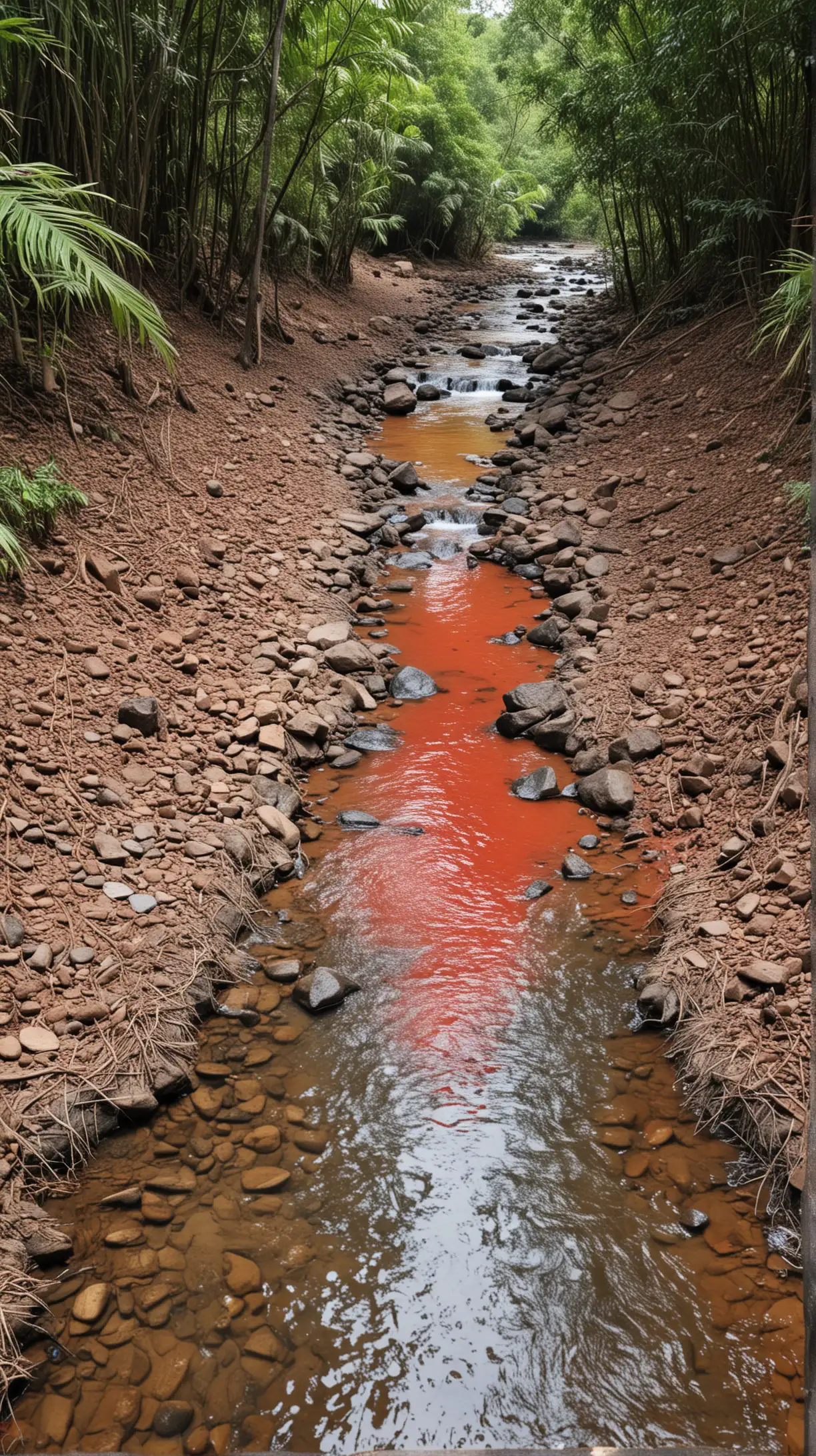 Serene Tropical River with Crimson Waters