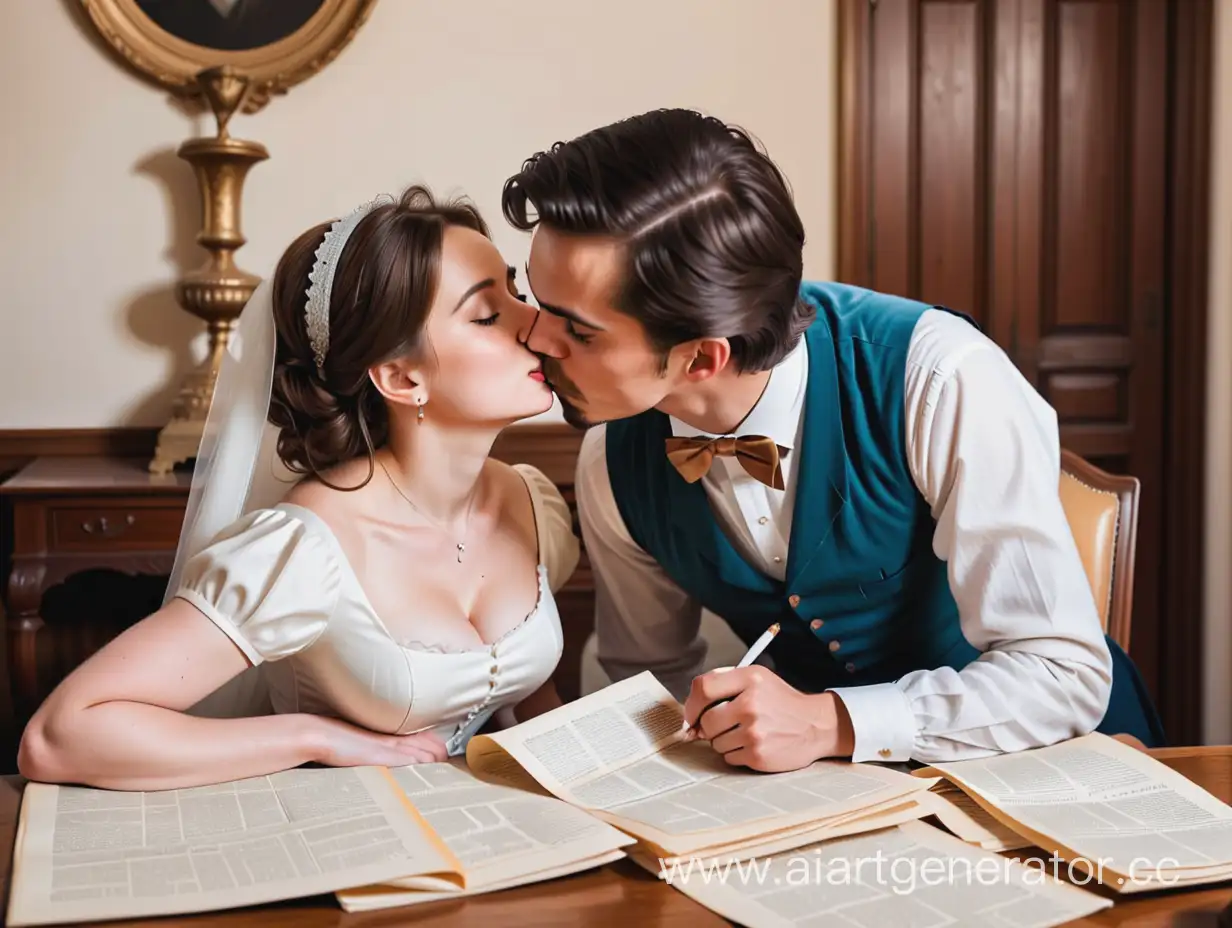 Молодой историк за бумагами, отвлекся и целует жену.