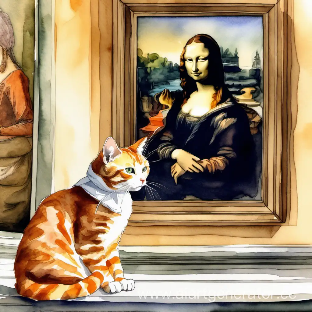 акварельный рисунок рыжий кот, у которого на голове французский берет, смотрит на картину Мона Лиза в Эрмитаже. 