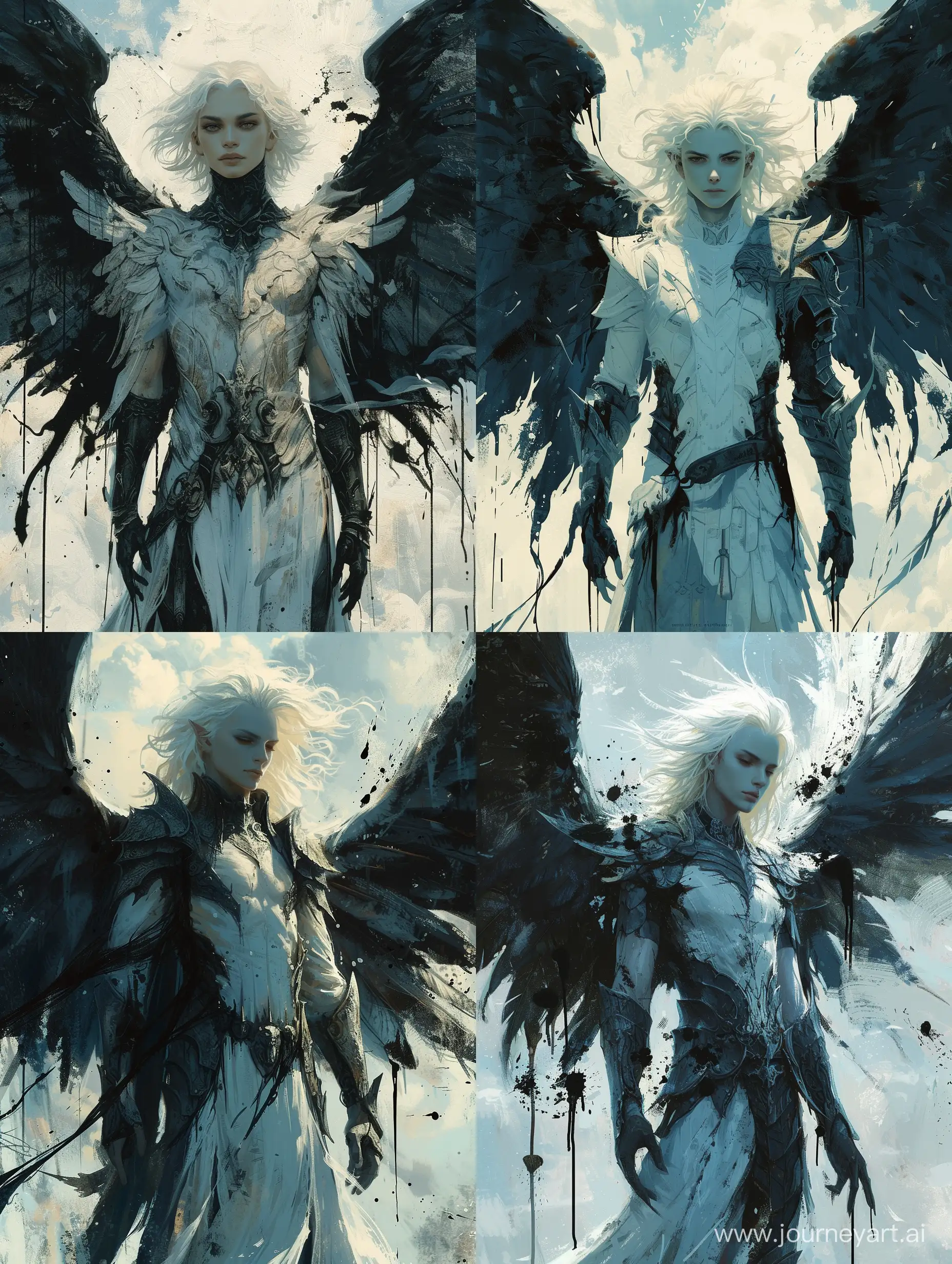 Cute expressive man white angel with large black wings, standing in front of a sky background with white and blue hues, the angel has white hair and is wearing a armor-like outfit, the wings are spread out and there are black paint drips trailing from them, --s 500