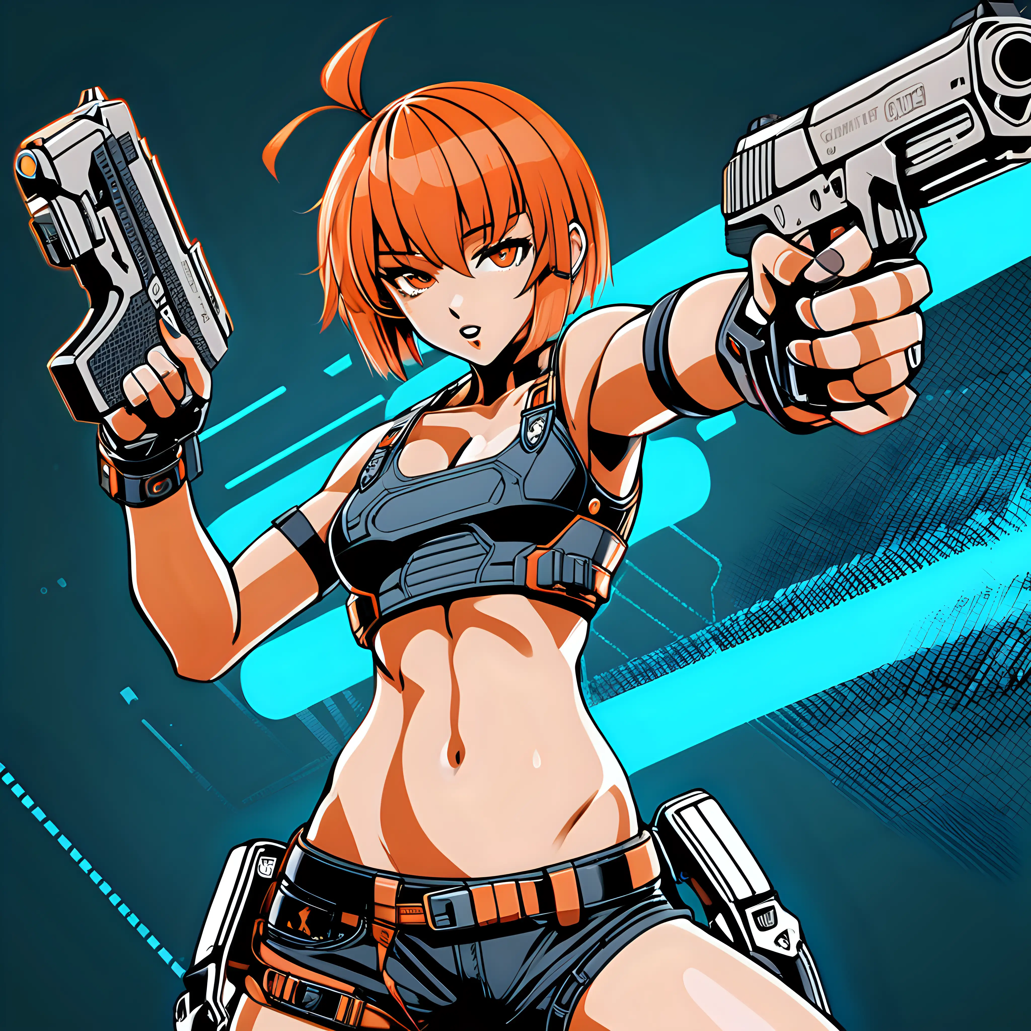 anime cyberpunk girl, tight bra top, exposed muscular midriff, short chin length orange hair, firing futuristic handgun, posterized halftone, full body shot