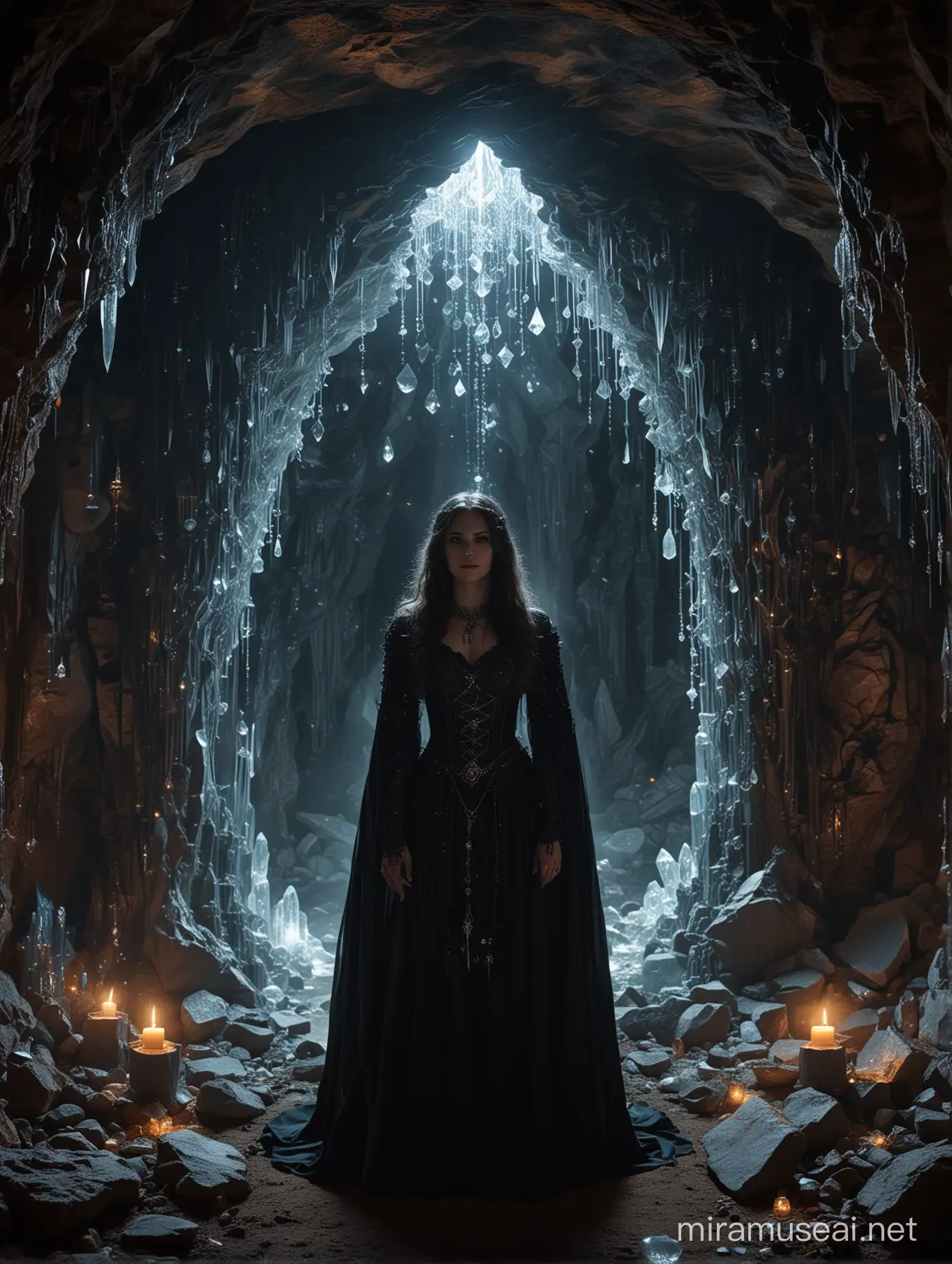 Gothic Woman witch in Magical Crystal Cave: Inside a cave where light sparkles on crystal walls and reflects, creating an environment filled with mystical symbols and enchanting patterns. A large magical crystal rising in the center symbolizes the hidden energy and power within, while passages and corridors disappearing into the depths of the cave enhance the desire for exploration.