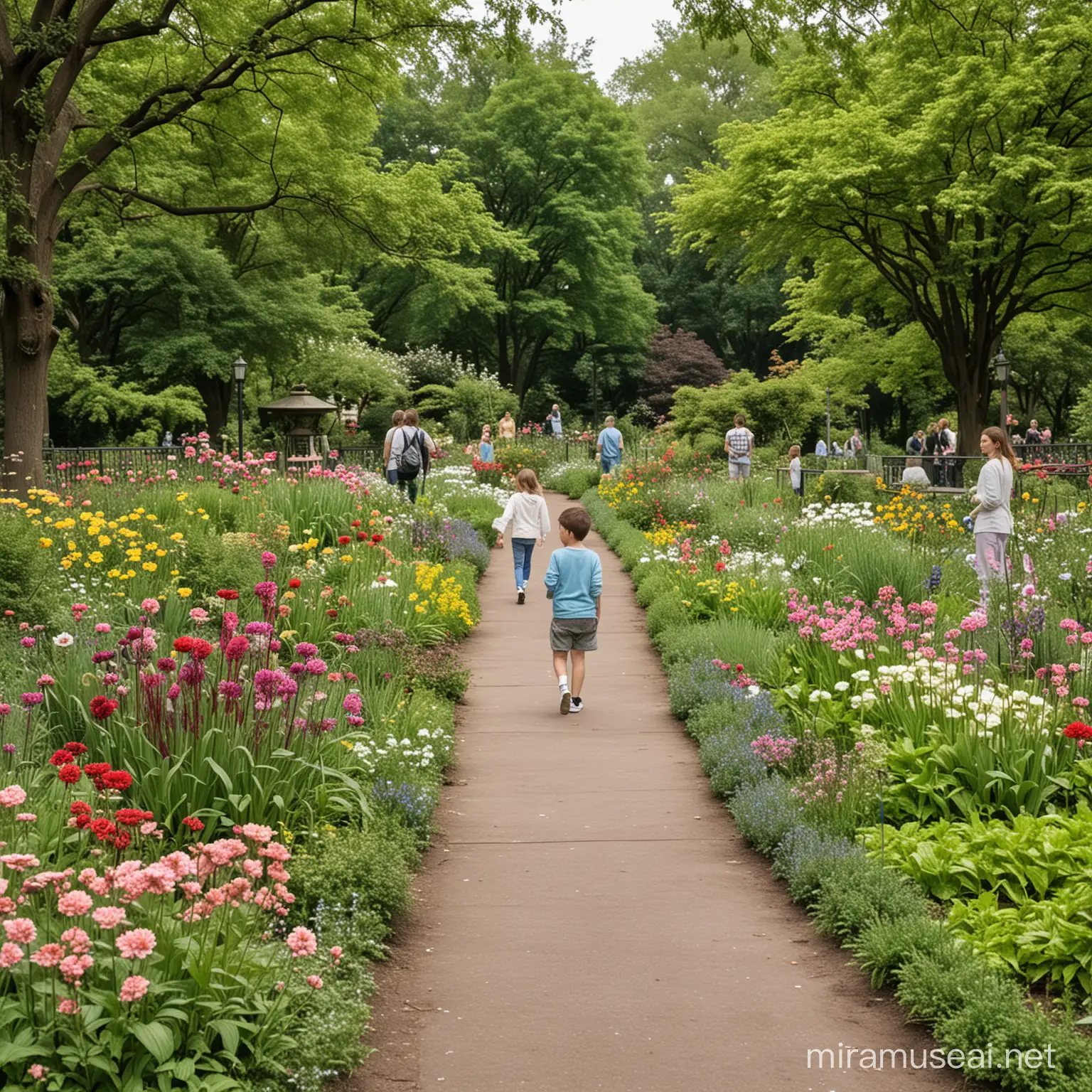 Vibrant Public Garden Bursting with Blooms and Youthful Visitors