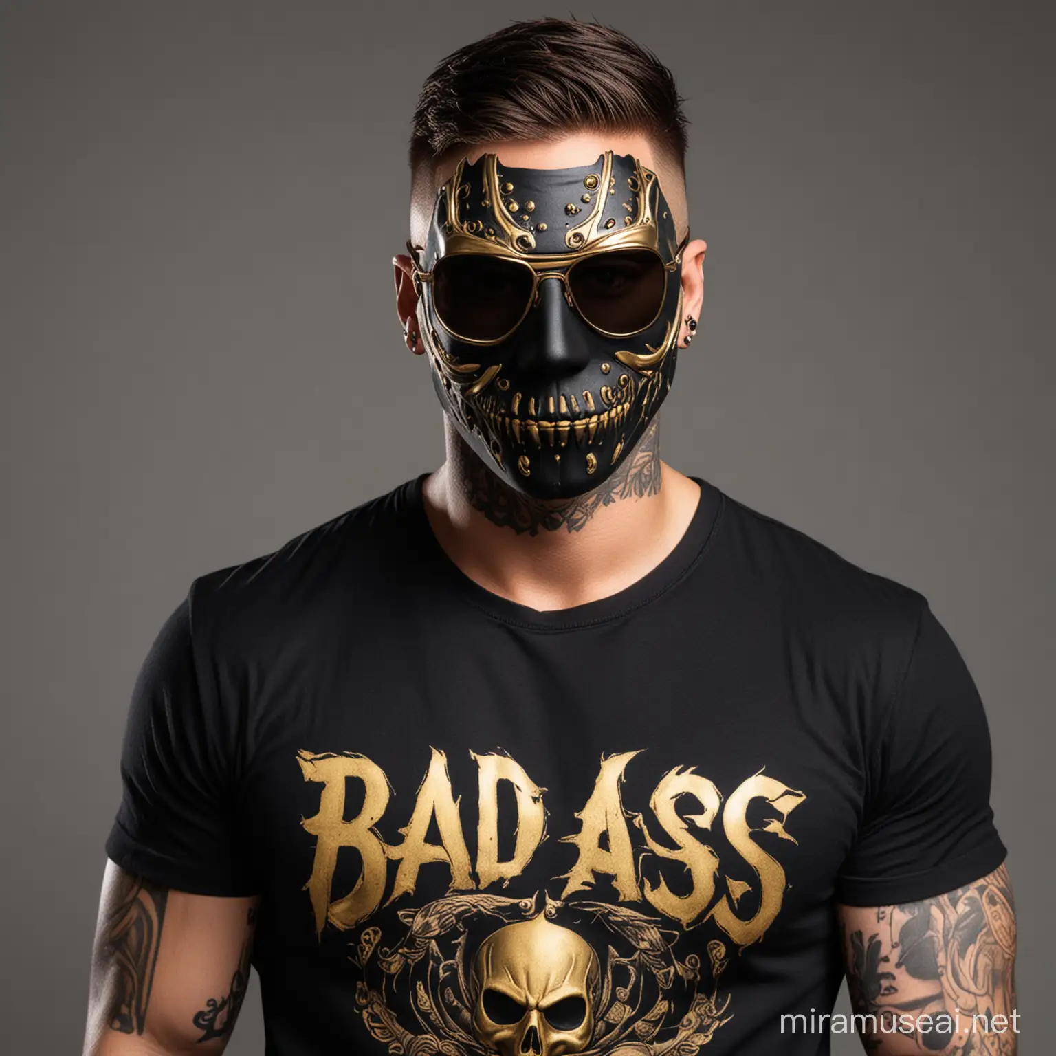 bad ass  
 looking guy wearing black  jason mask full image 
with tattoos and stunner gold shades
 wearing black blank tshirt 

