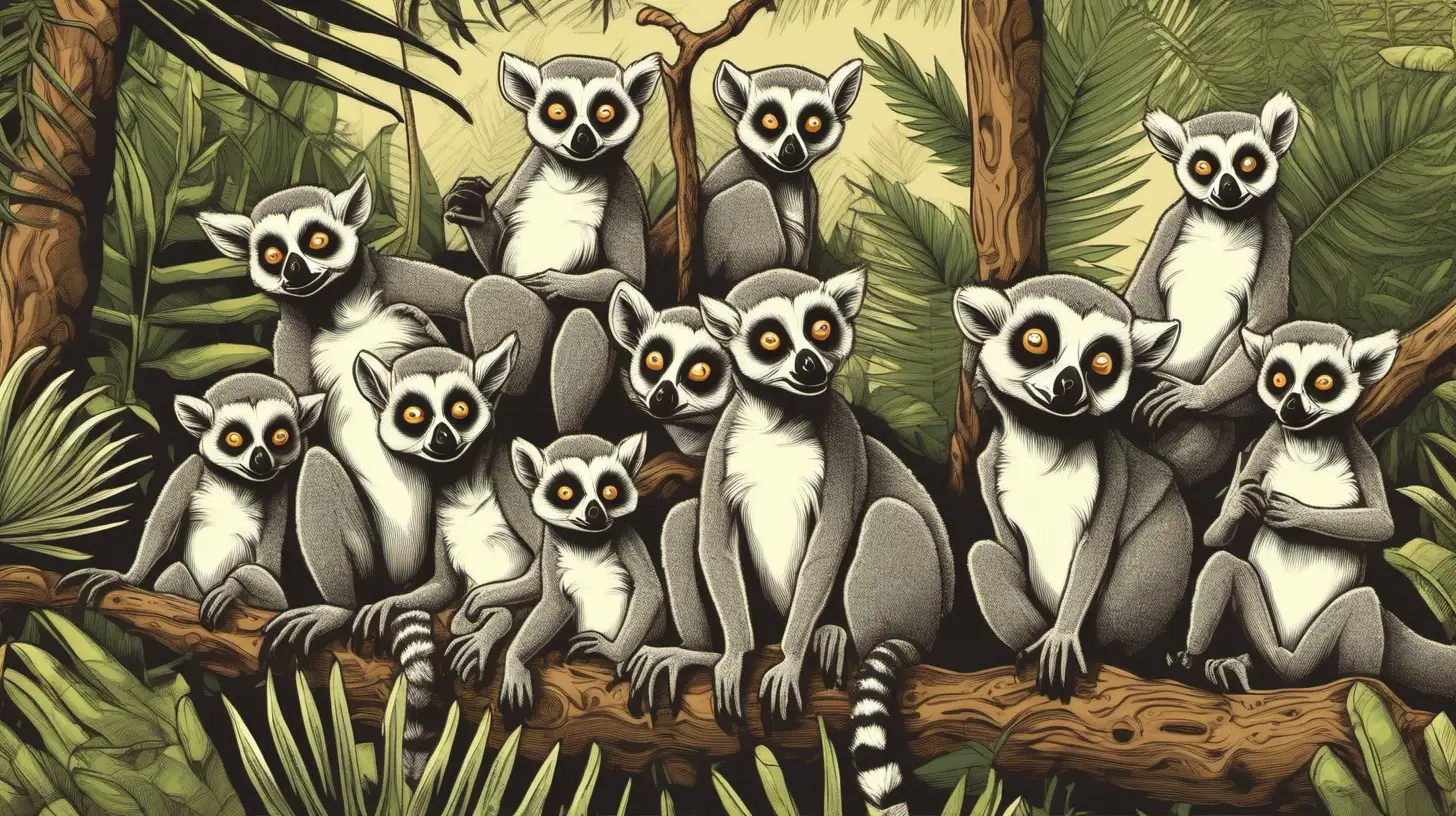 lots of lemurs playing with each other, jungle background, retro style, detailed illustrated design, colour