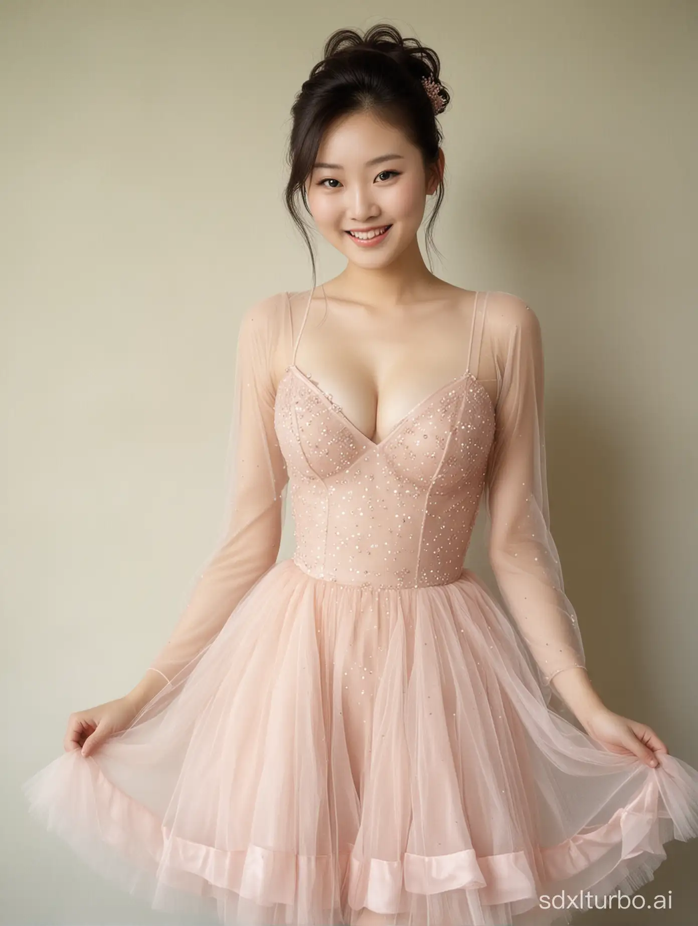 1 Chinese young woman, huge breast，sexy，full body, smile, sheer tulle dress，Photograph by Loretta Lux