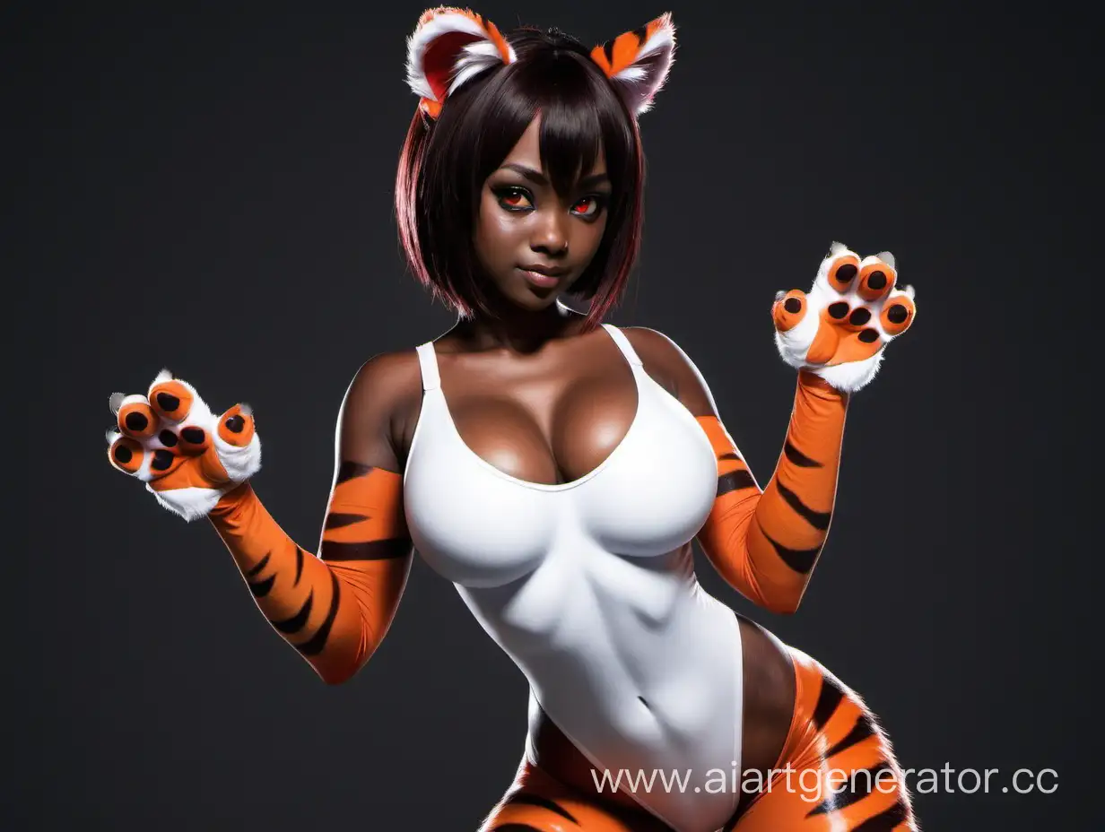 1girl, animal_ears, bangs, blush, bodysuit, breasts, dark-skinned_female, dark_skin, eyebrows_visible_through_hair, large_breasts, looking_at_viewer, paw_pose, red_eyes, science_fiction, short_hair, solo, tail, tiger_ears, tiger_tail