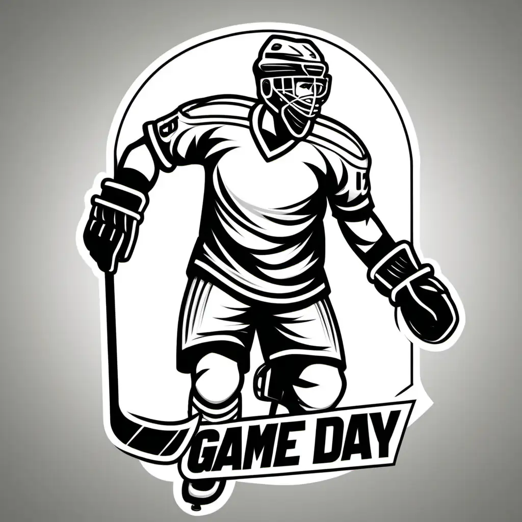 GAME DAY, MUSCLED UP HOCKEY PLAYER TOP HALF, FROM BEHIND,  BLACK OUTLINE