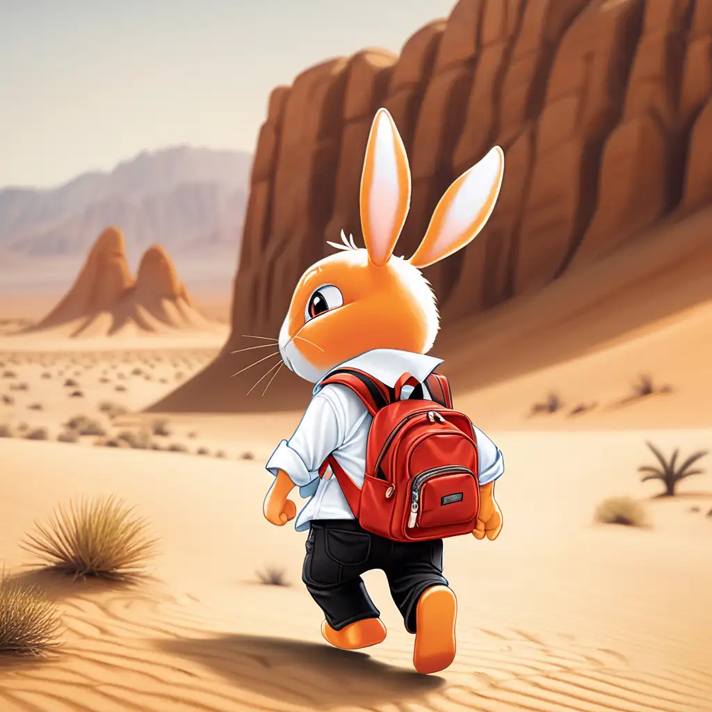 Little Orange rabbit is very cute. Wearing a White Shirt. carrying a red backpack. black pants. Walking in the desert looking tired. Far bottom wide angle shot. Realistic format.